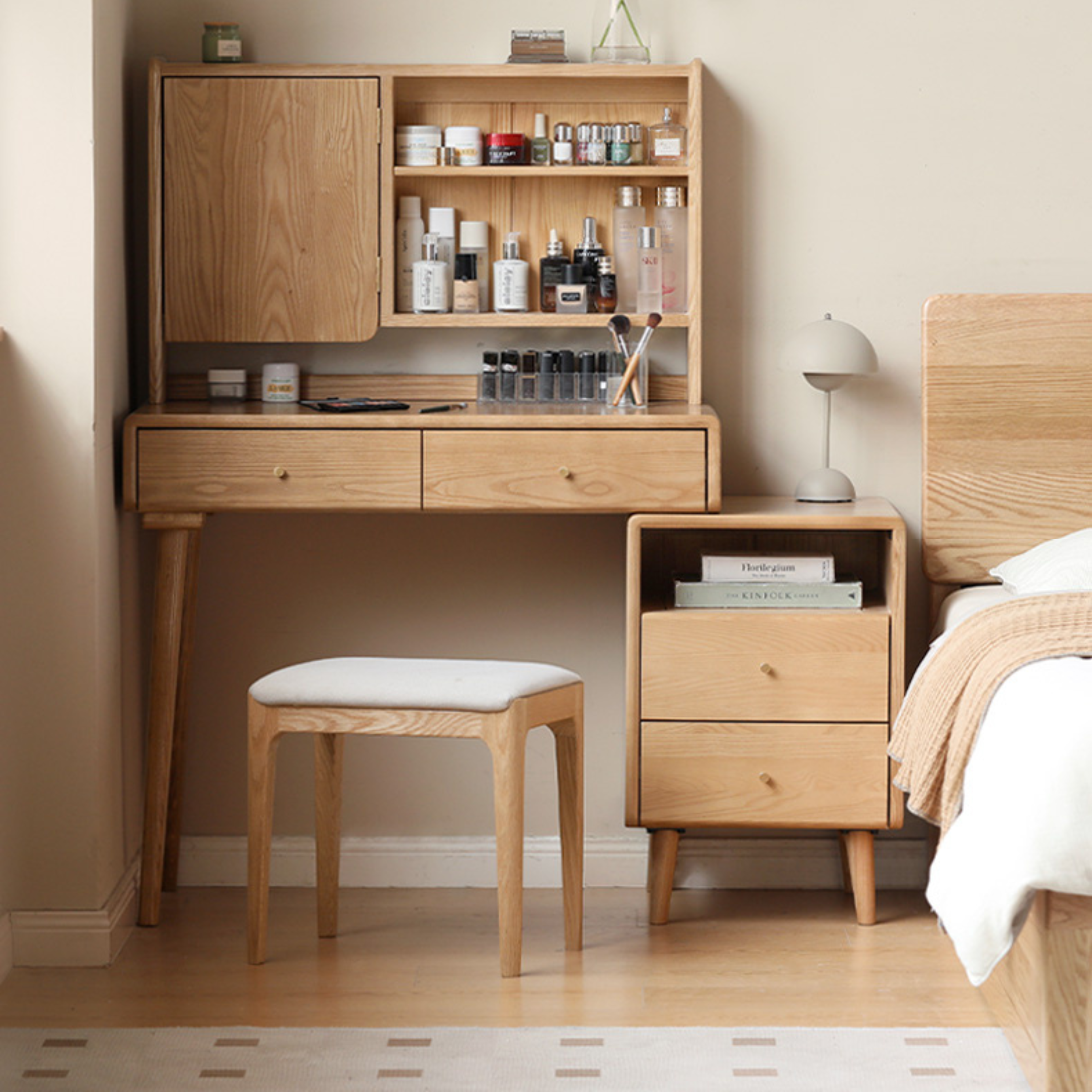 Ash Solid Wood Dressing Table with Mirror Shelf & Flip Cover.