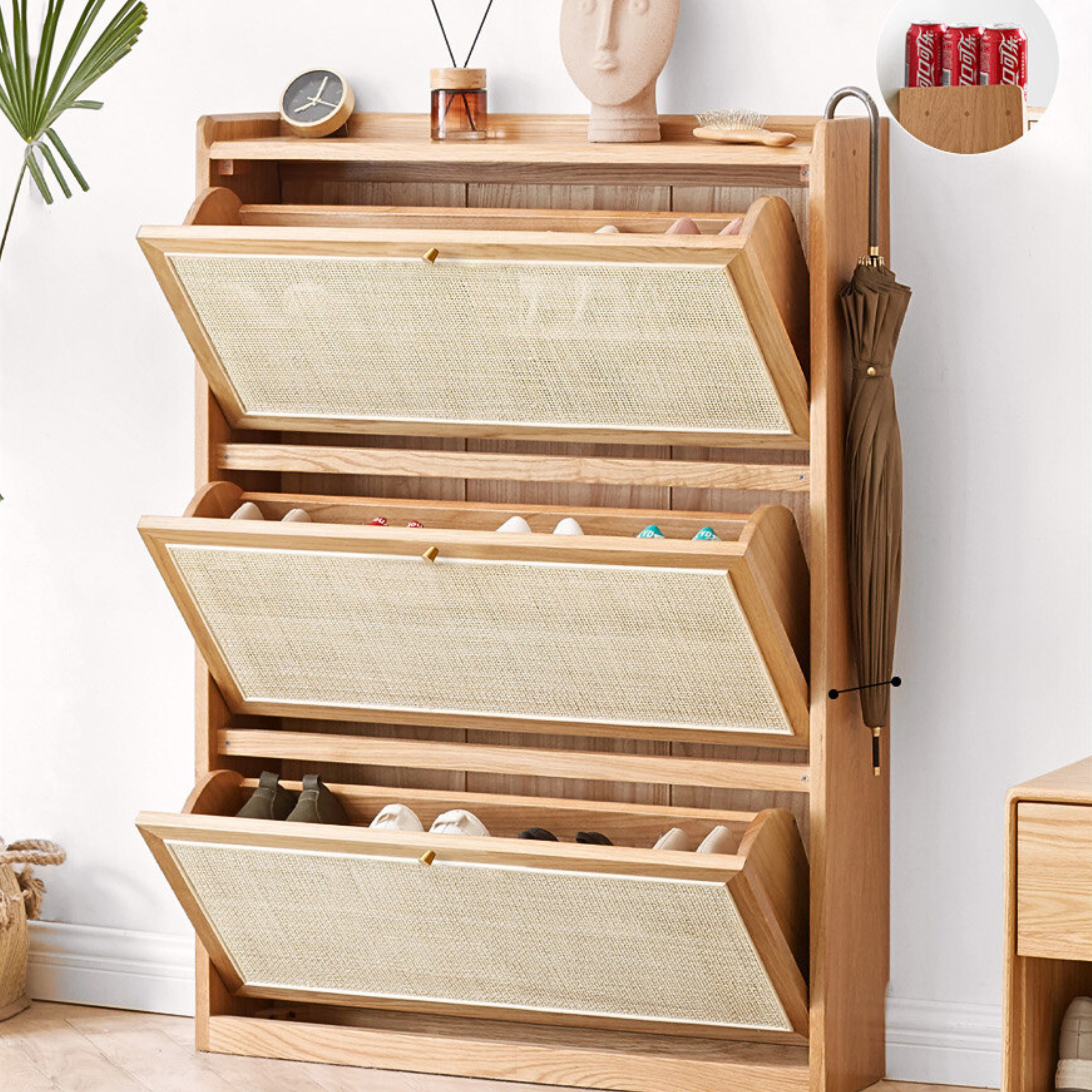 Oak Solid Wood Ultra-Thin Flap Door Rattan Shoe Cabinet