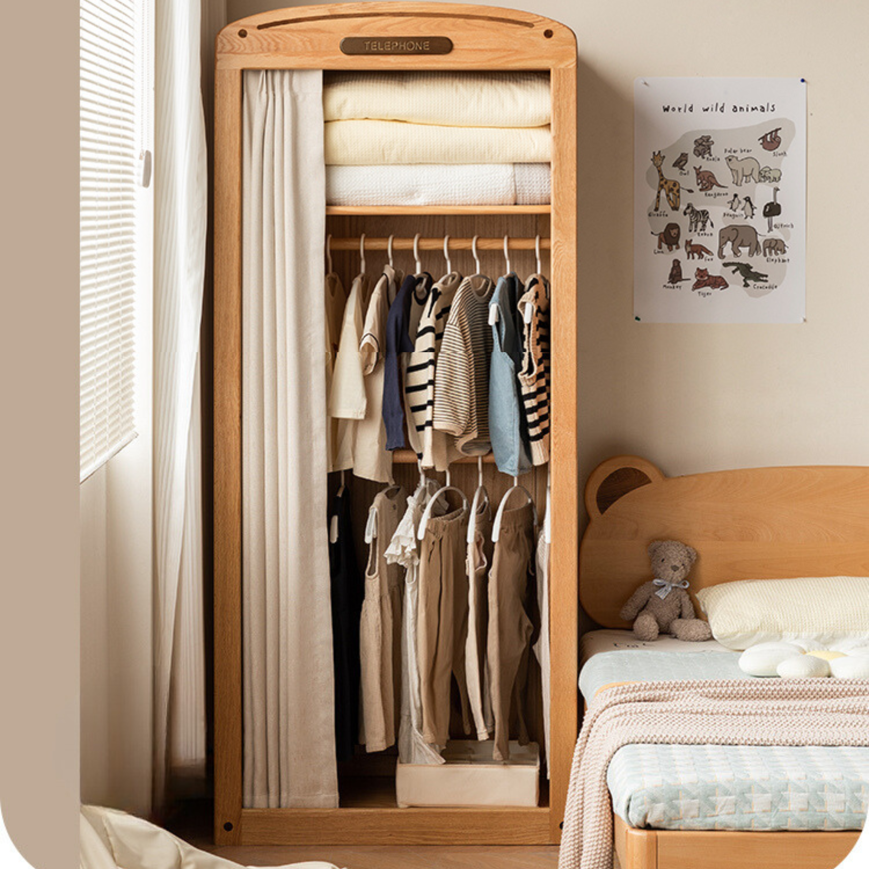 Oak Solid Wood, Solid Rubberwood Kids's Simple Wardrobe