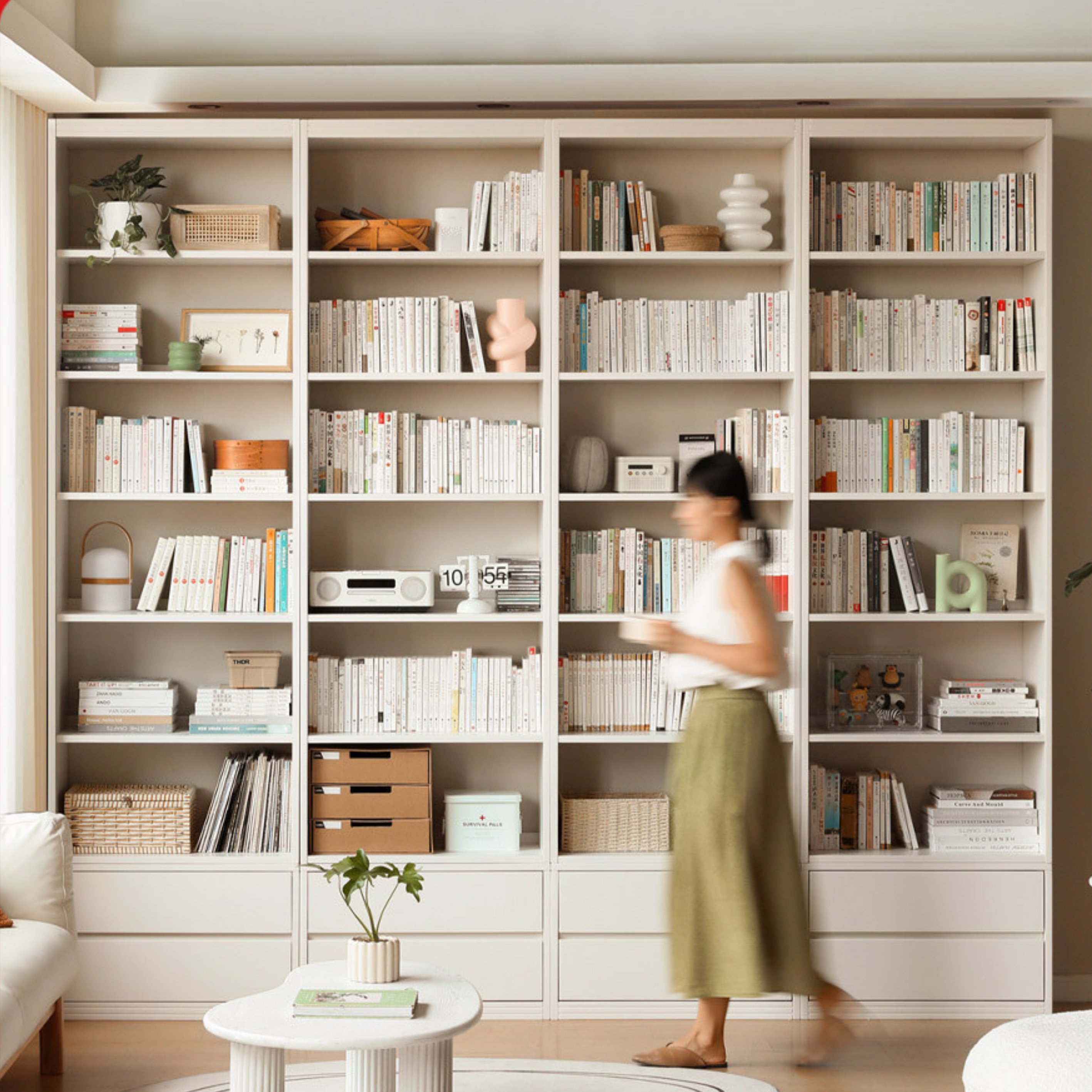 Poplar, Rubber Solid Wood Bookshelf Wall-To-Ceiling Shelf White Cream Style