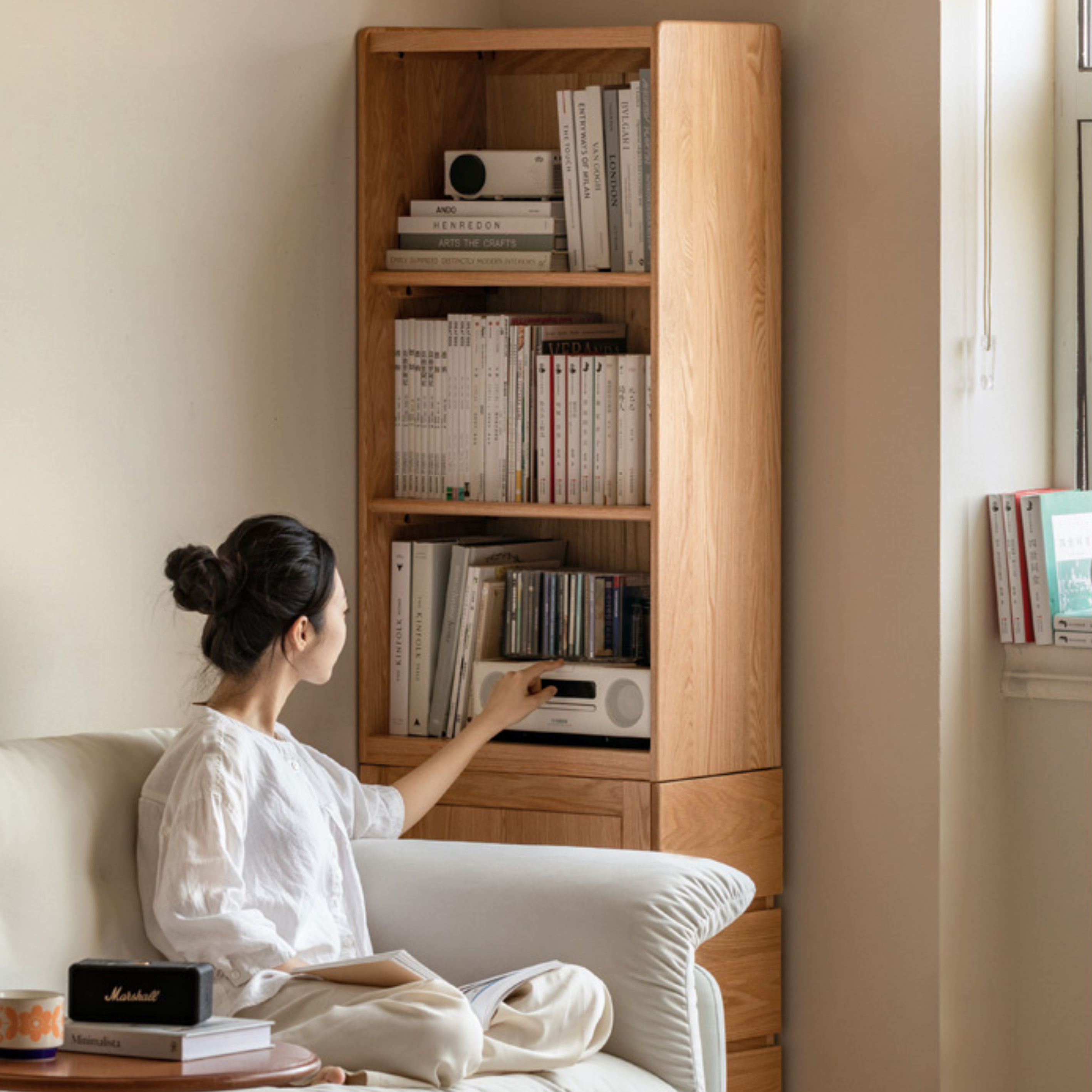 Rubberwood, Oak Solid Wood Bookcase, Floor-Standing Storage Cabinet