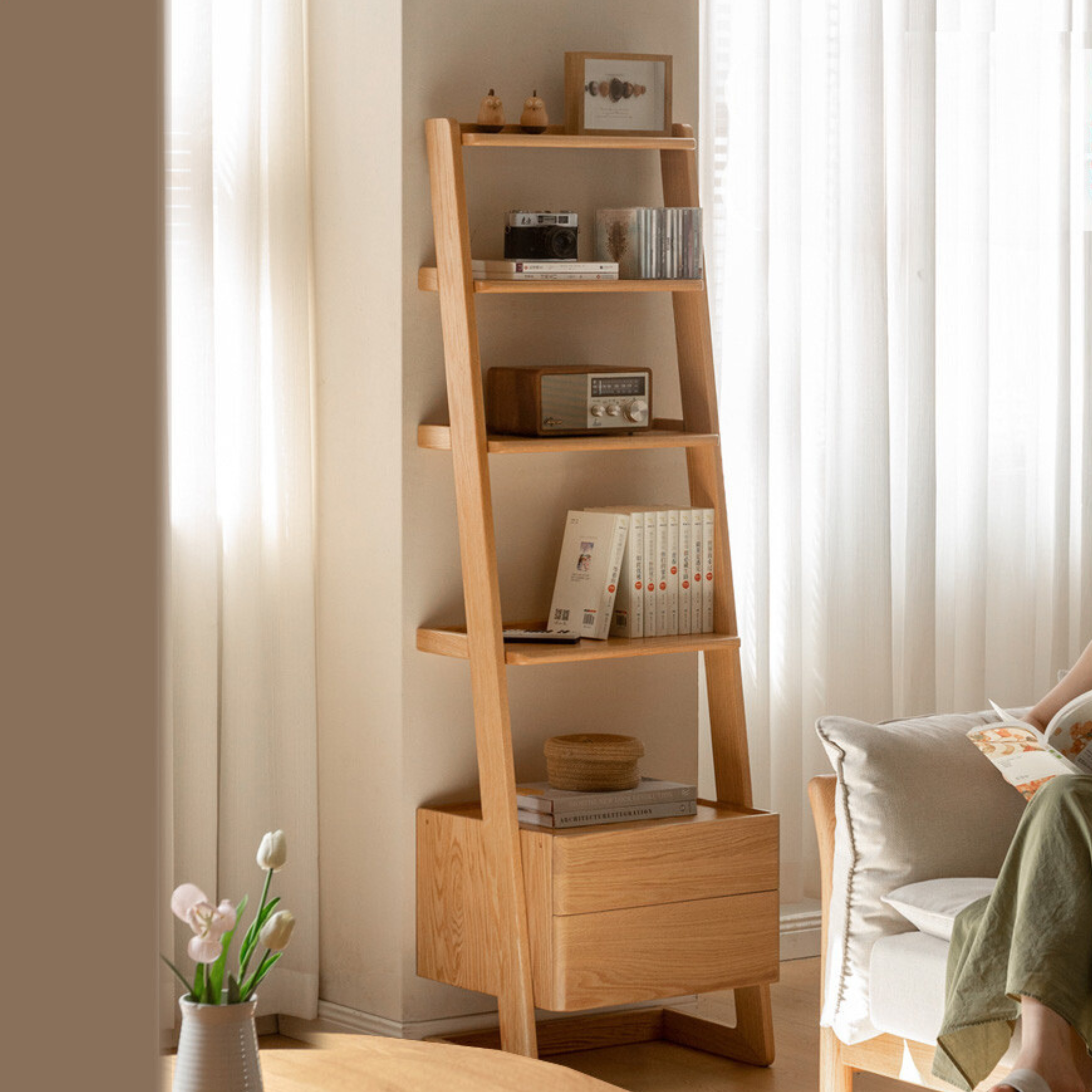 Oak Solid Wood Side Cabinet, Trapezoidal Storage Rack