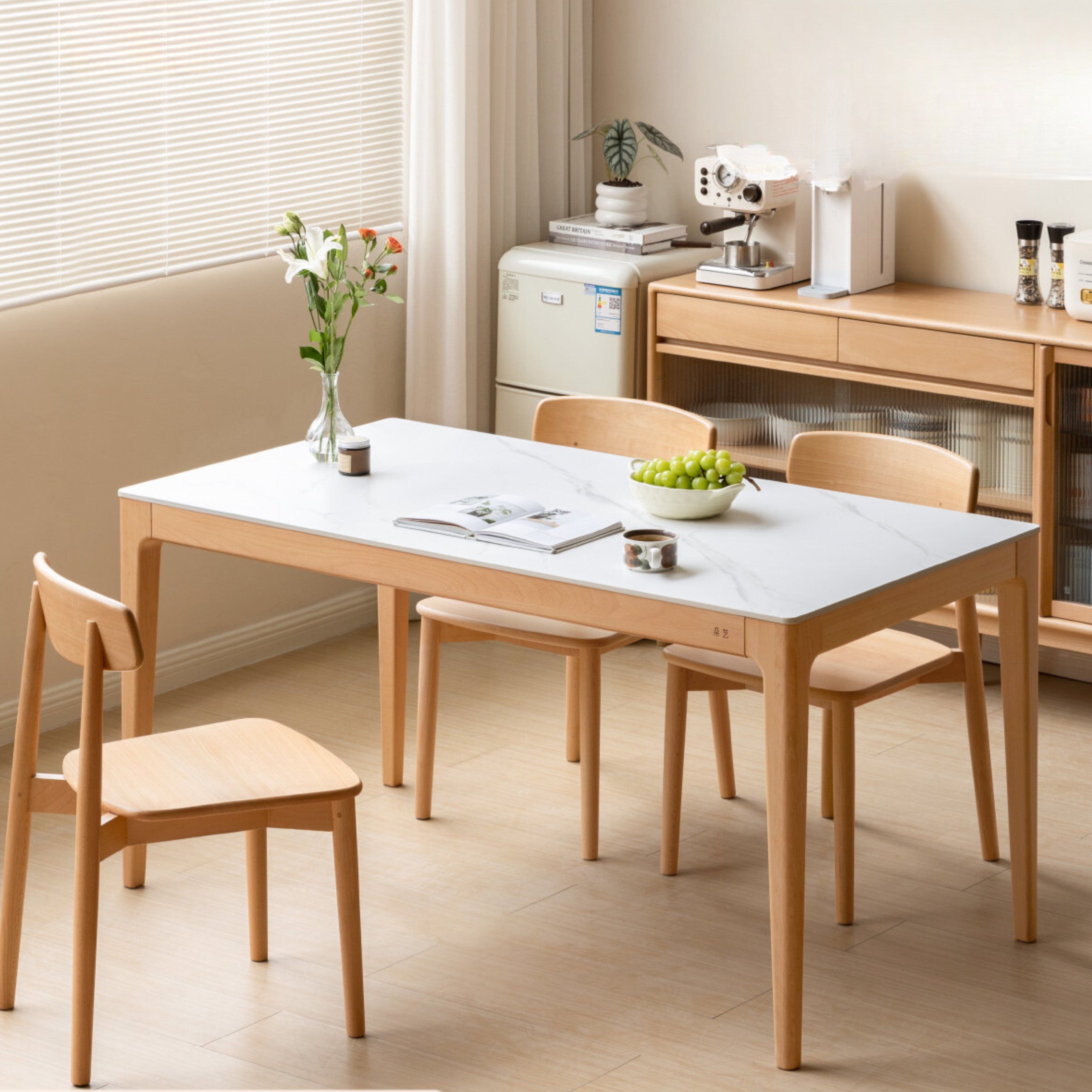 Beech Solid Wood Rectangular Slate Dining Table