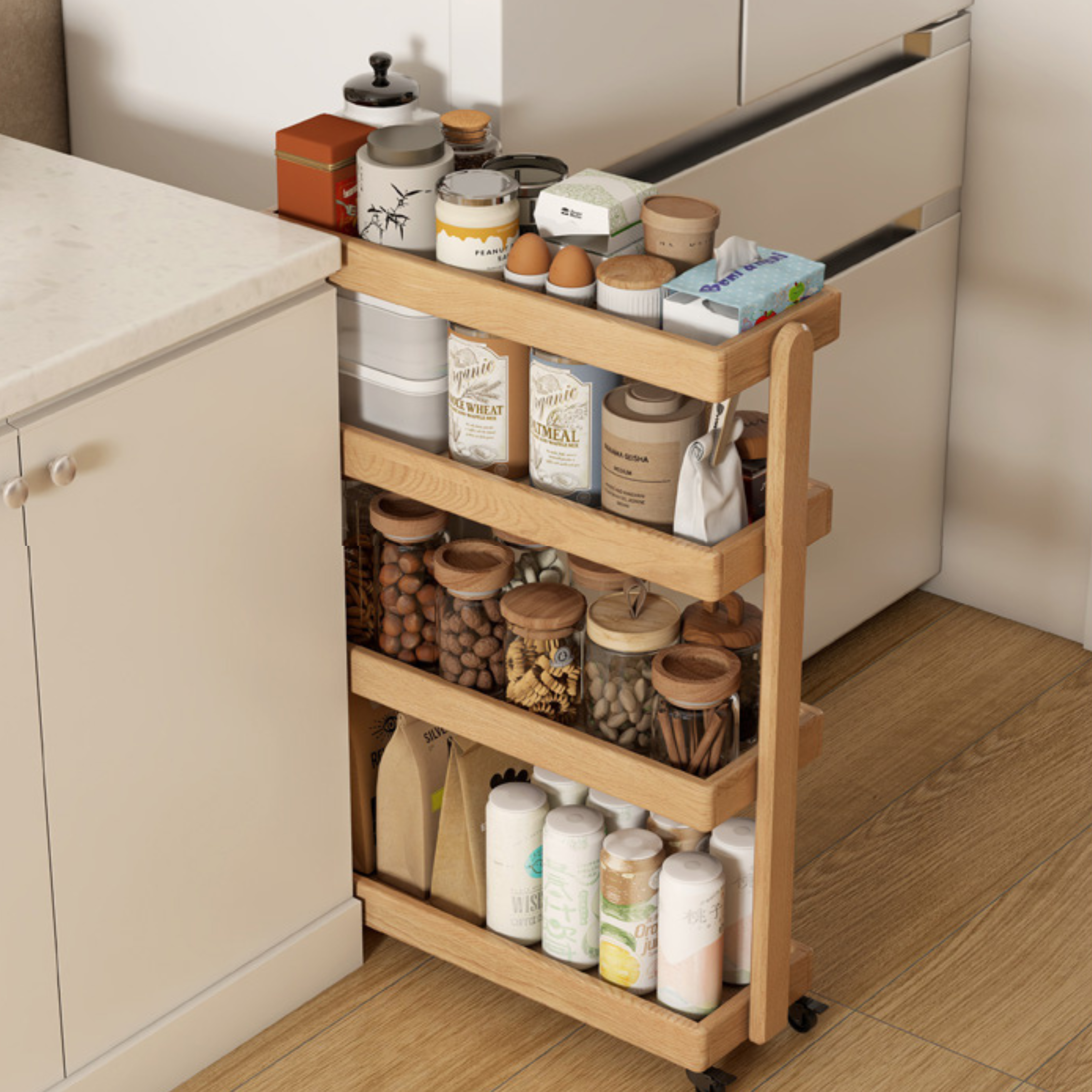 Oak Solid Wood Mobile Storage Rack Cart Ultra Narrow