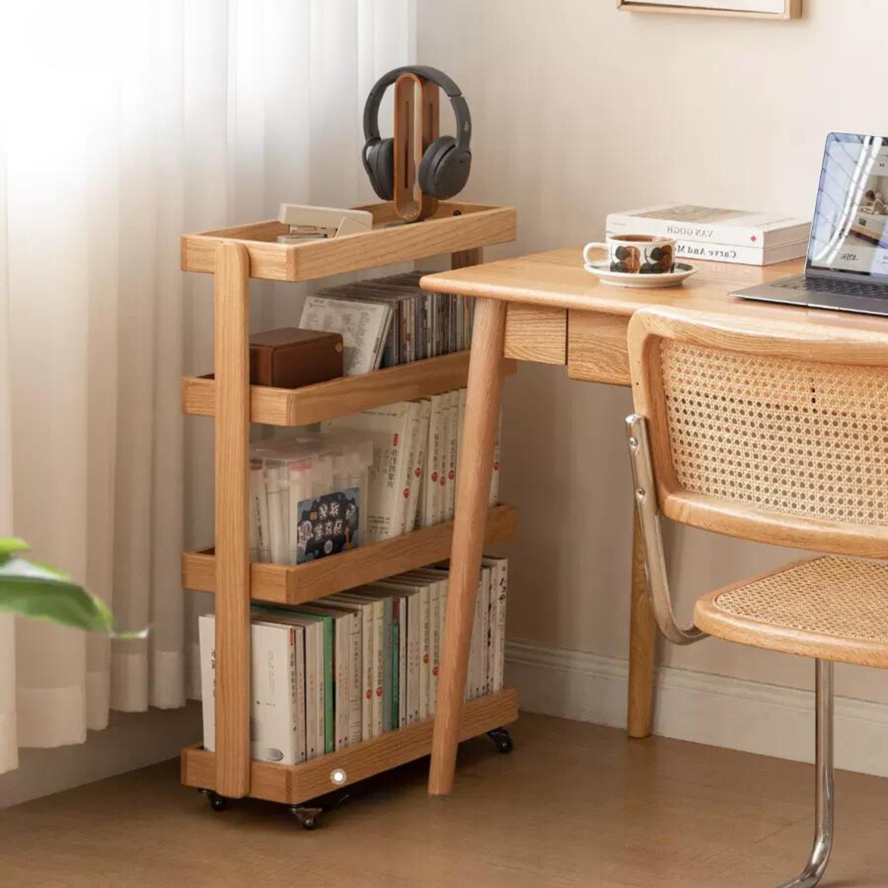 Oak Solid Wood Mobile Storage Rack Cart Ultra Narrow