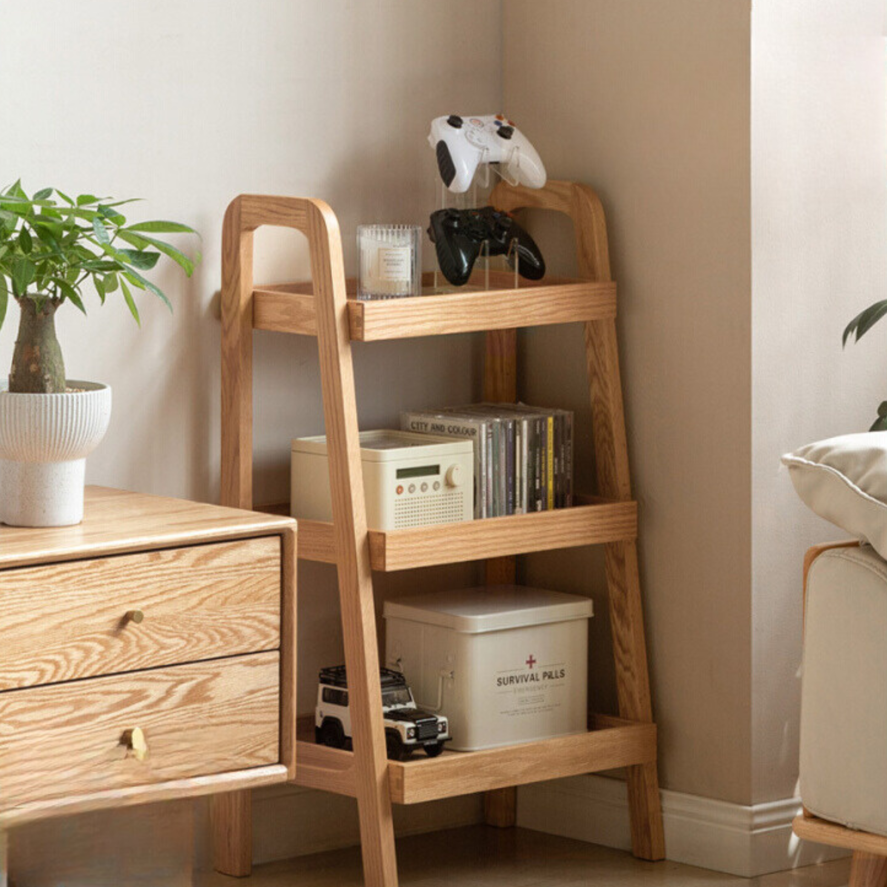 Oak Solid Wood Trapezoidal Three-Tier Bookshelf, Side Table