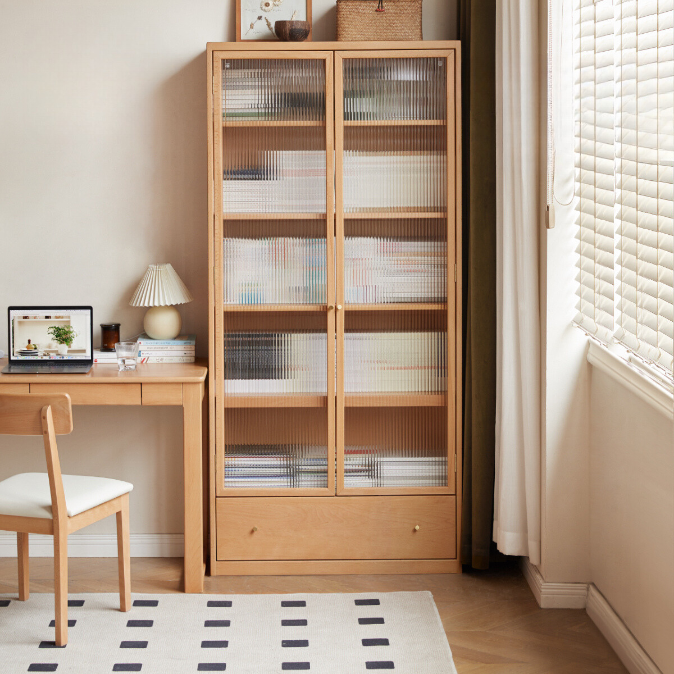 Beech European Solid Wood Bookshelf, Glass Door Storage Display Cabinet