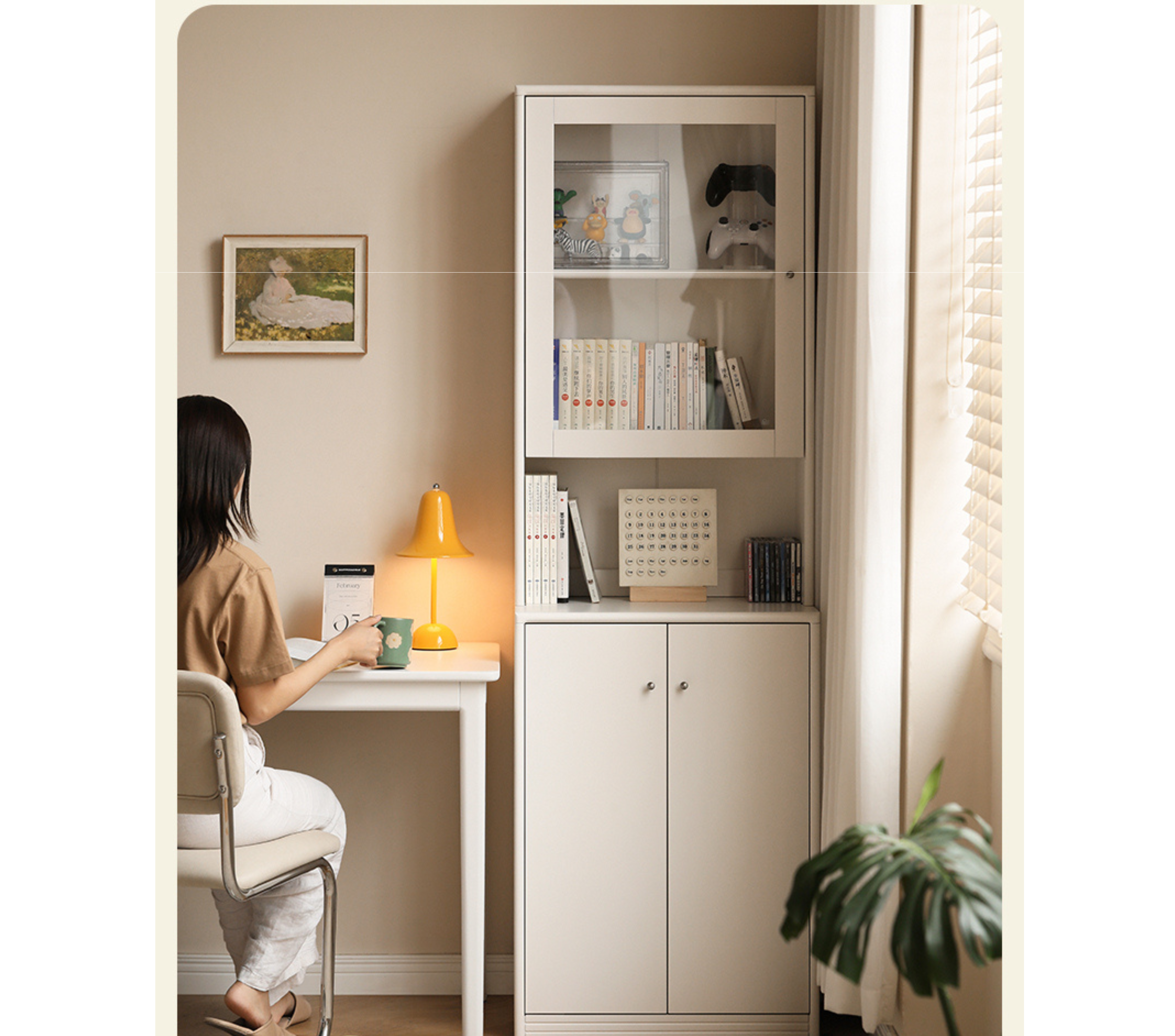 Poplar Solid Wooden Bookcase Cream White Free Combination Glass Door Display Cabinet