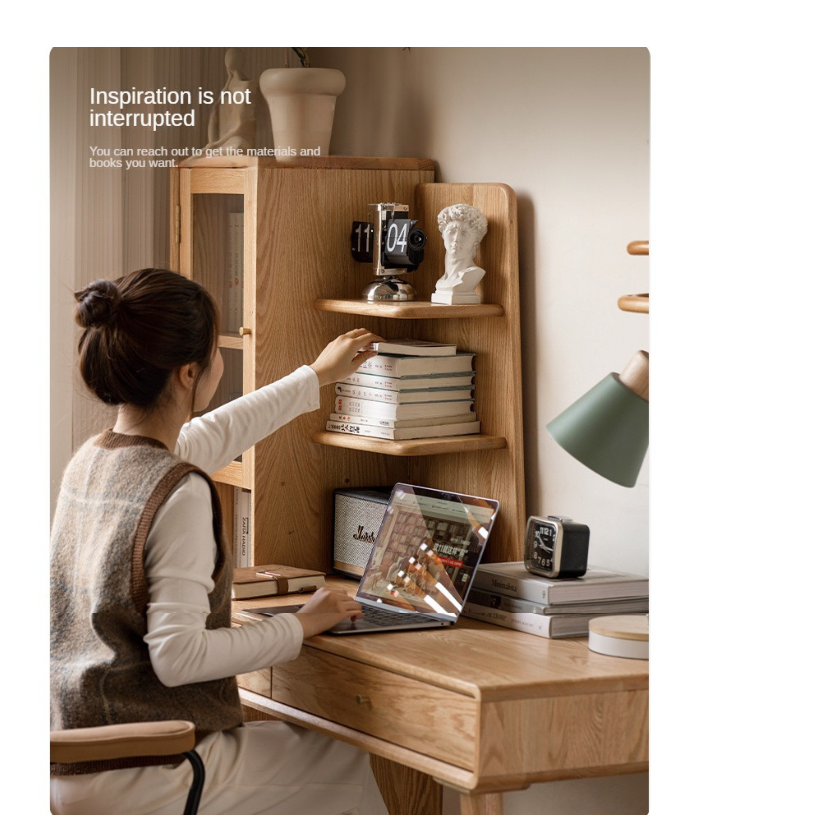Oak Solid Wood Bookshelf and Office Desk Combination