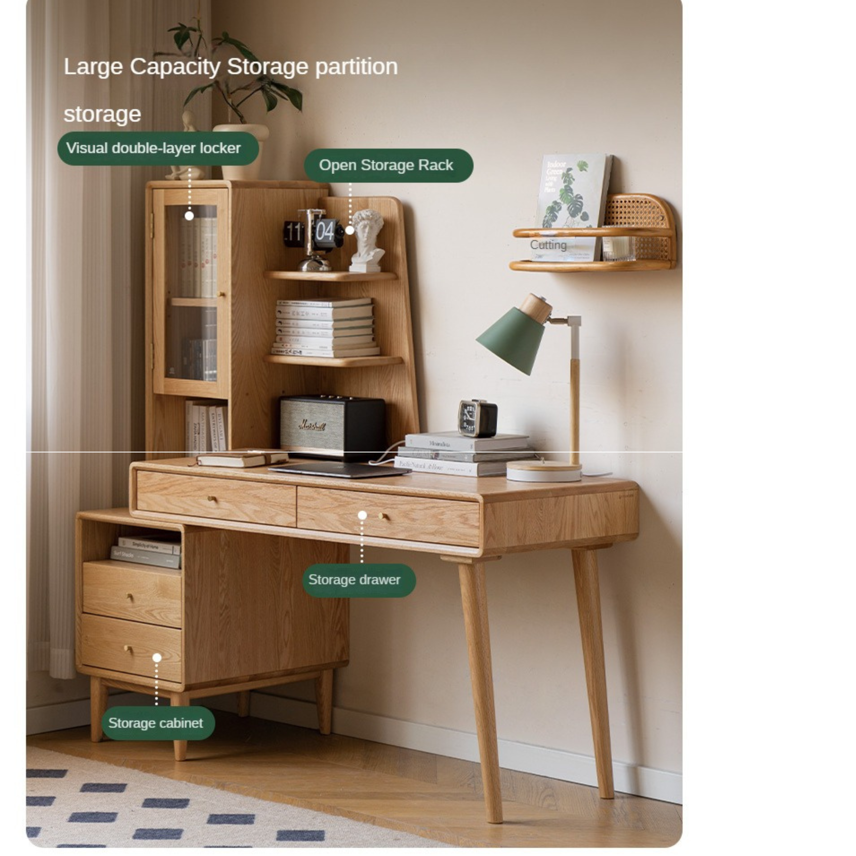 Oak Solid Wood Bookshelf and Office Desk Combination