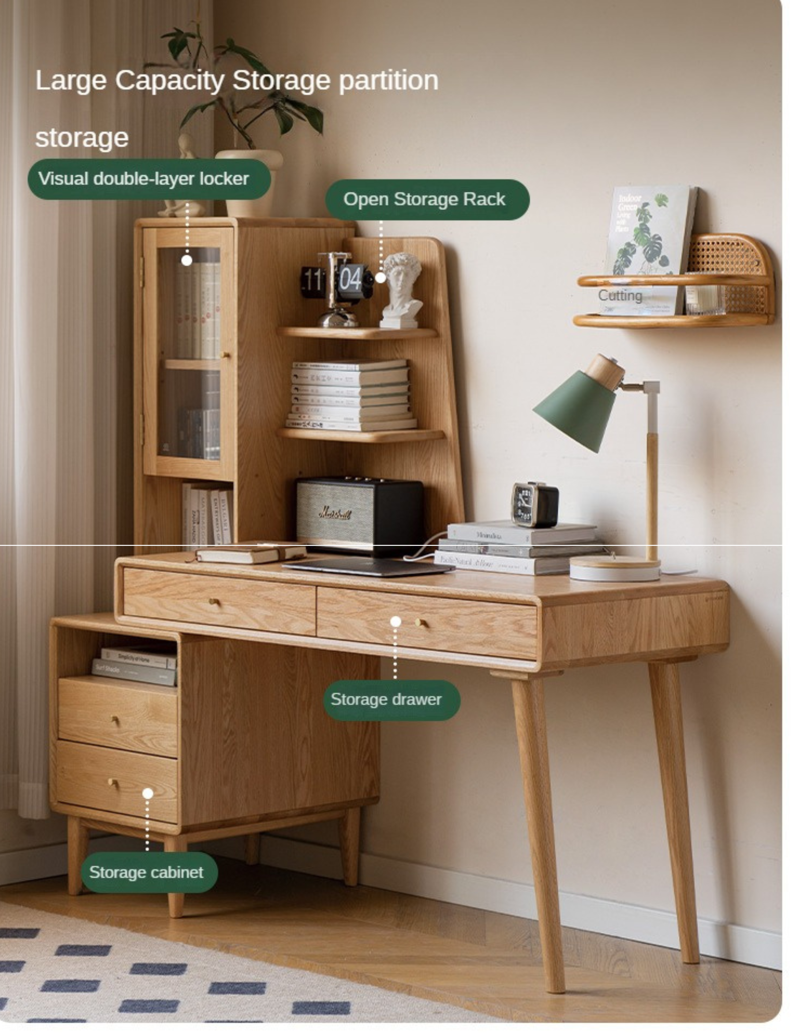 Oak Solid Wood Office Desk Combination