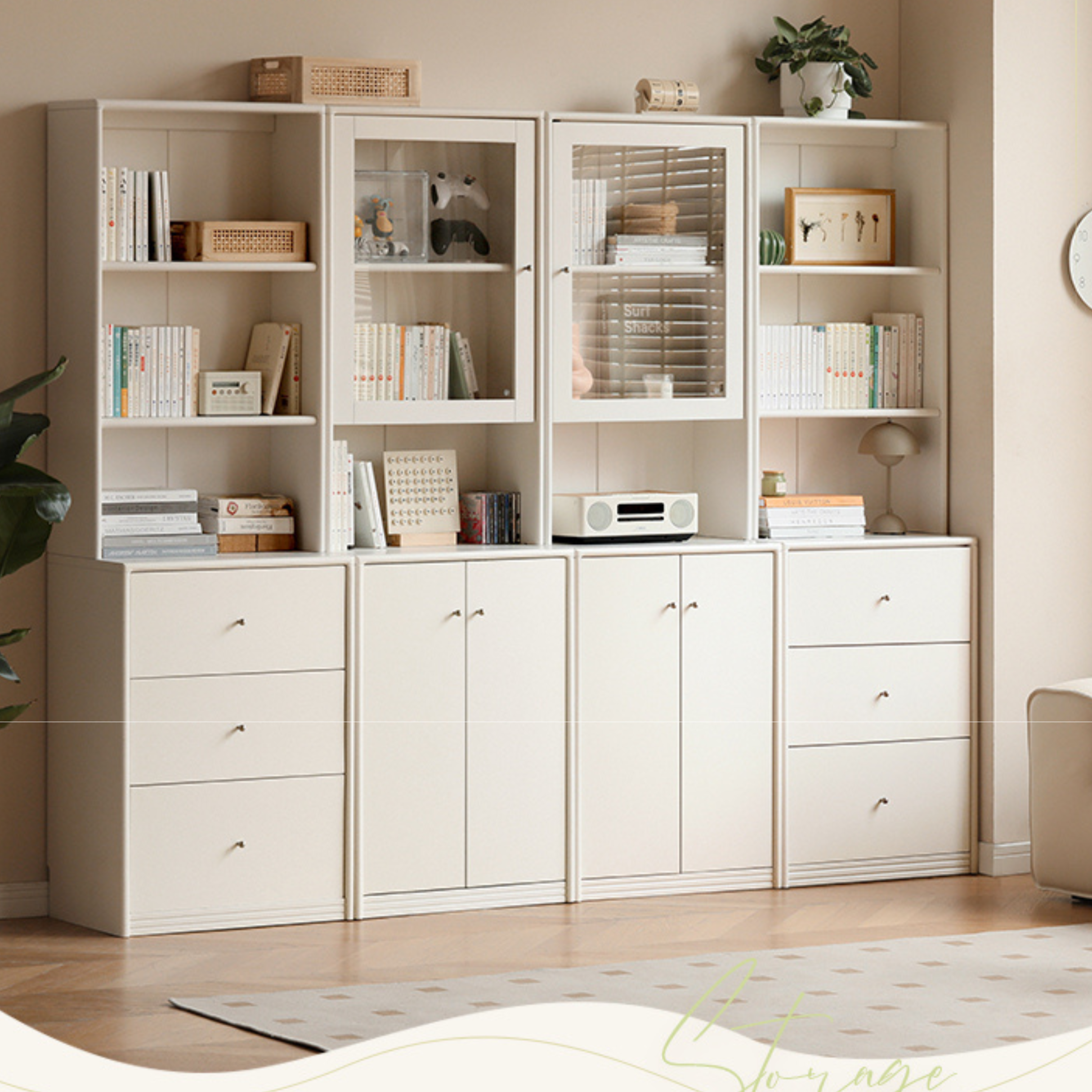 Poplar Solid Wooden Bookcase Cream White Free Combination Glass Door Display Cabinet