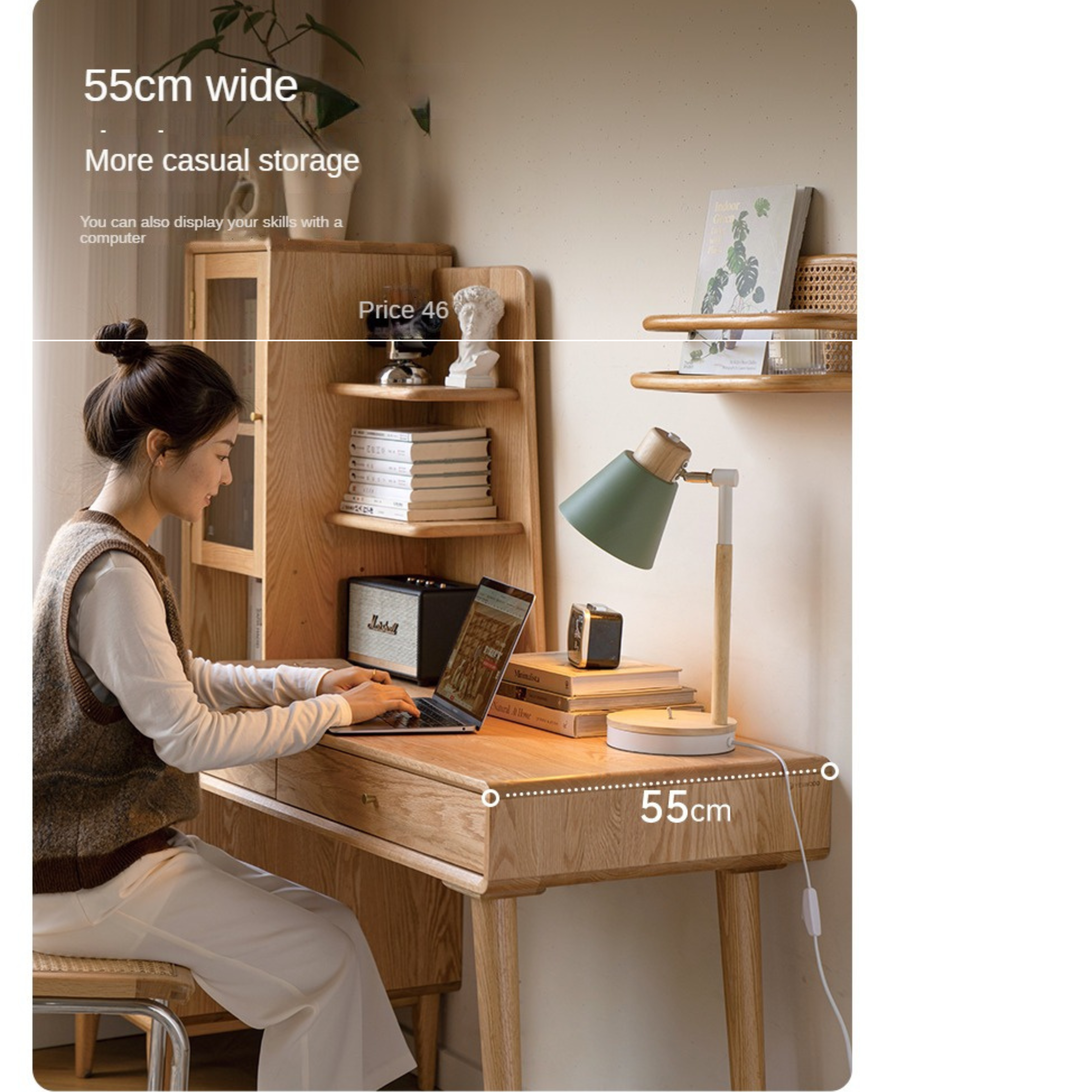Oak Solid Wood Bookshelf and Office Desk Combination