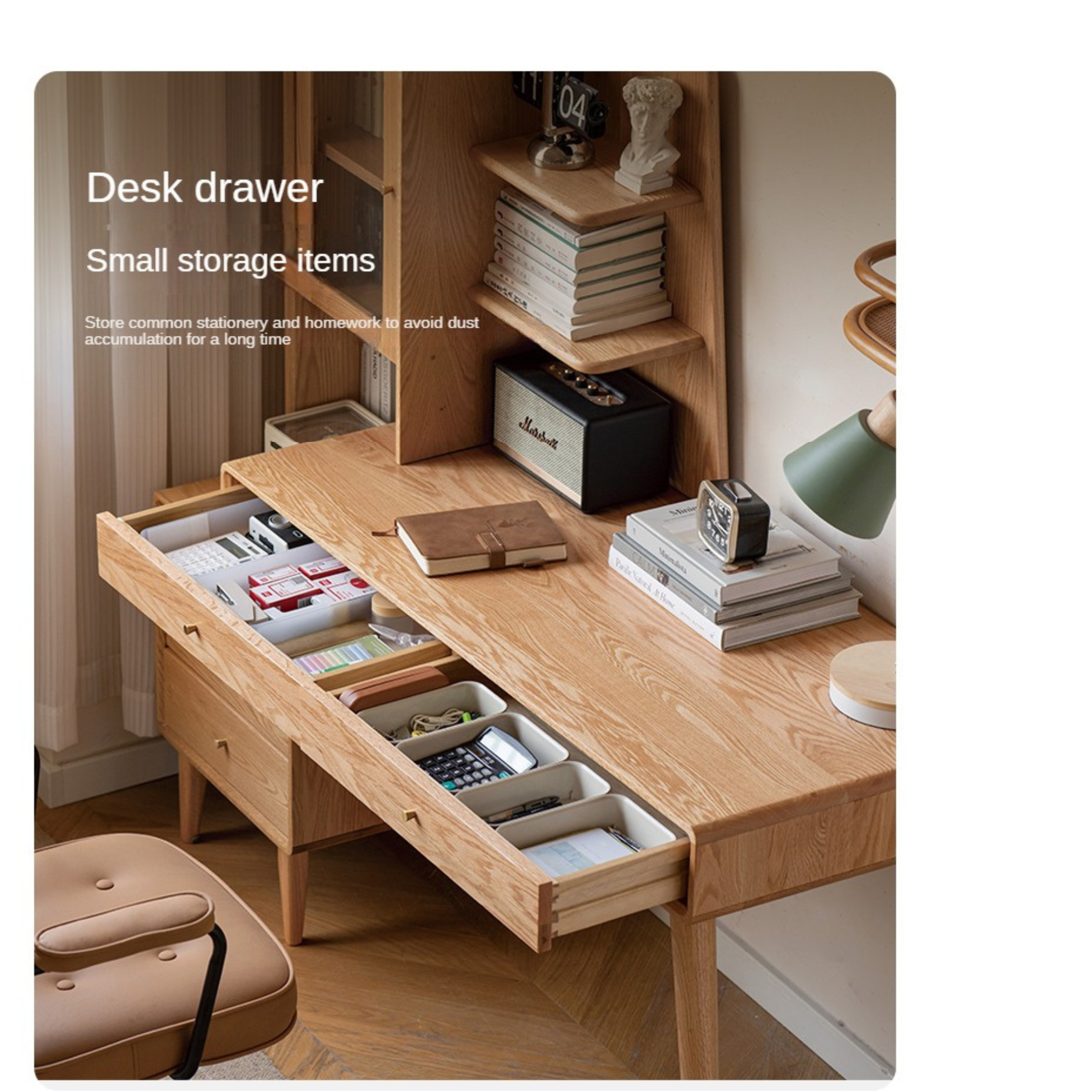 Oak Solid Wood Bookshelf and Office Desk Combination