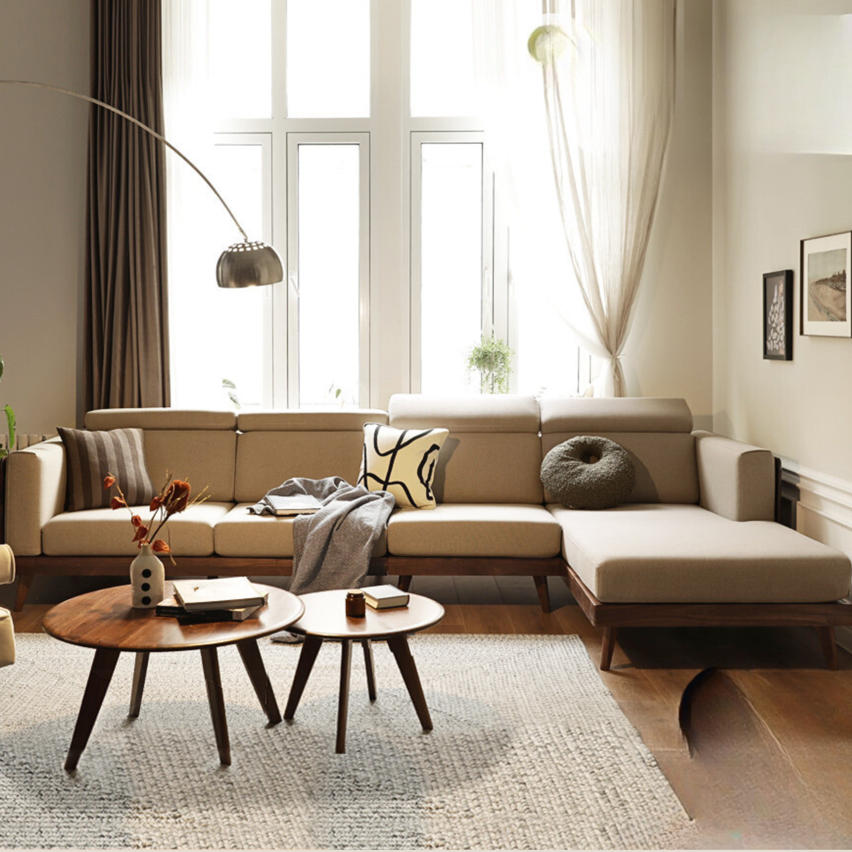 Black Walnut, Ash Solid Wood Adjustable Headrest Sofa.