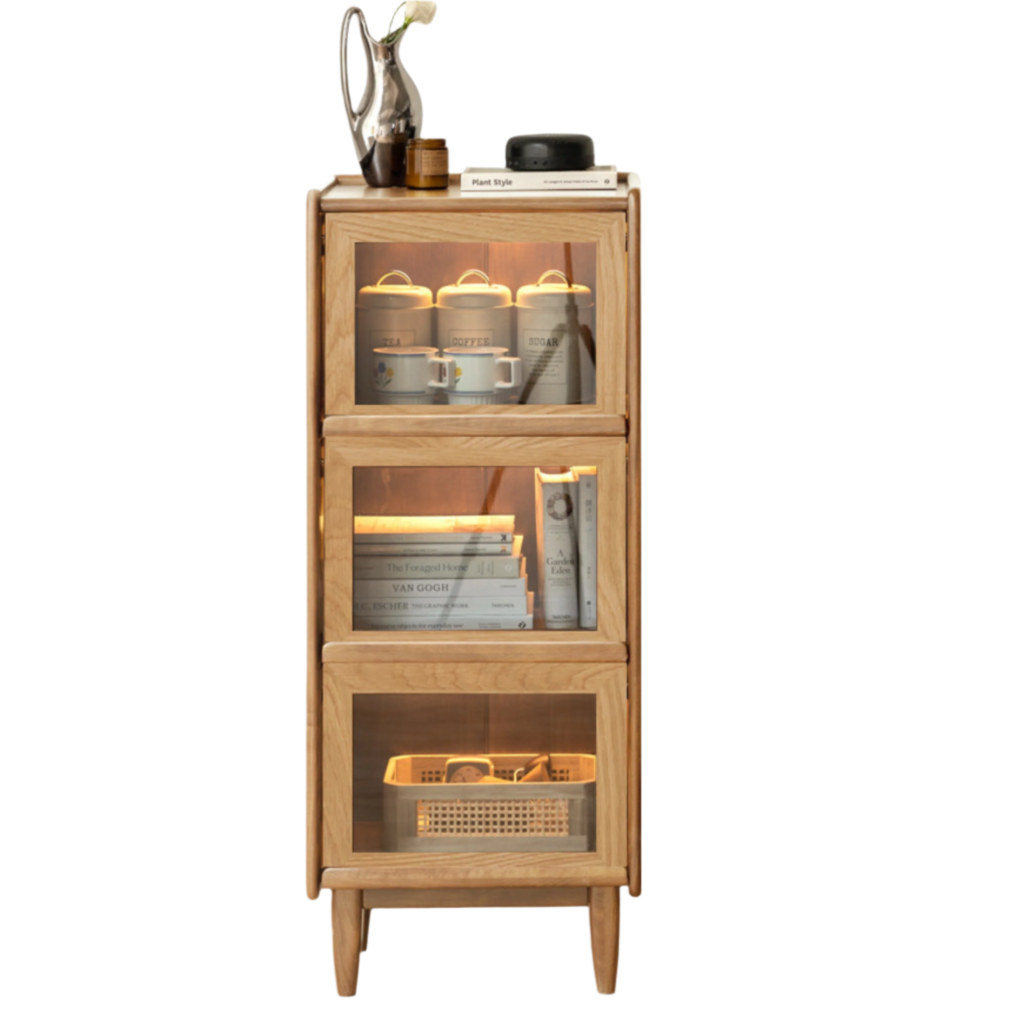 Black Walnut, Oak Solid Wood Glass Flip Door Display Side Cabinet LED Lights