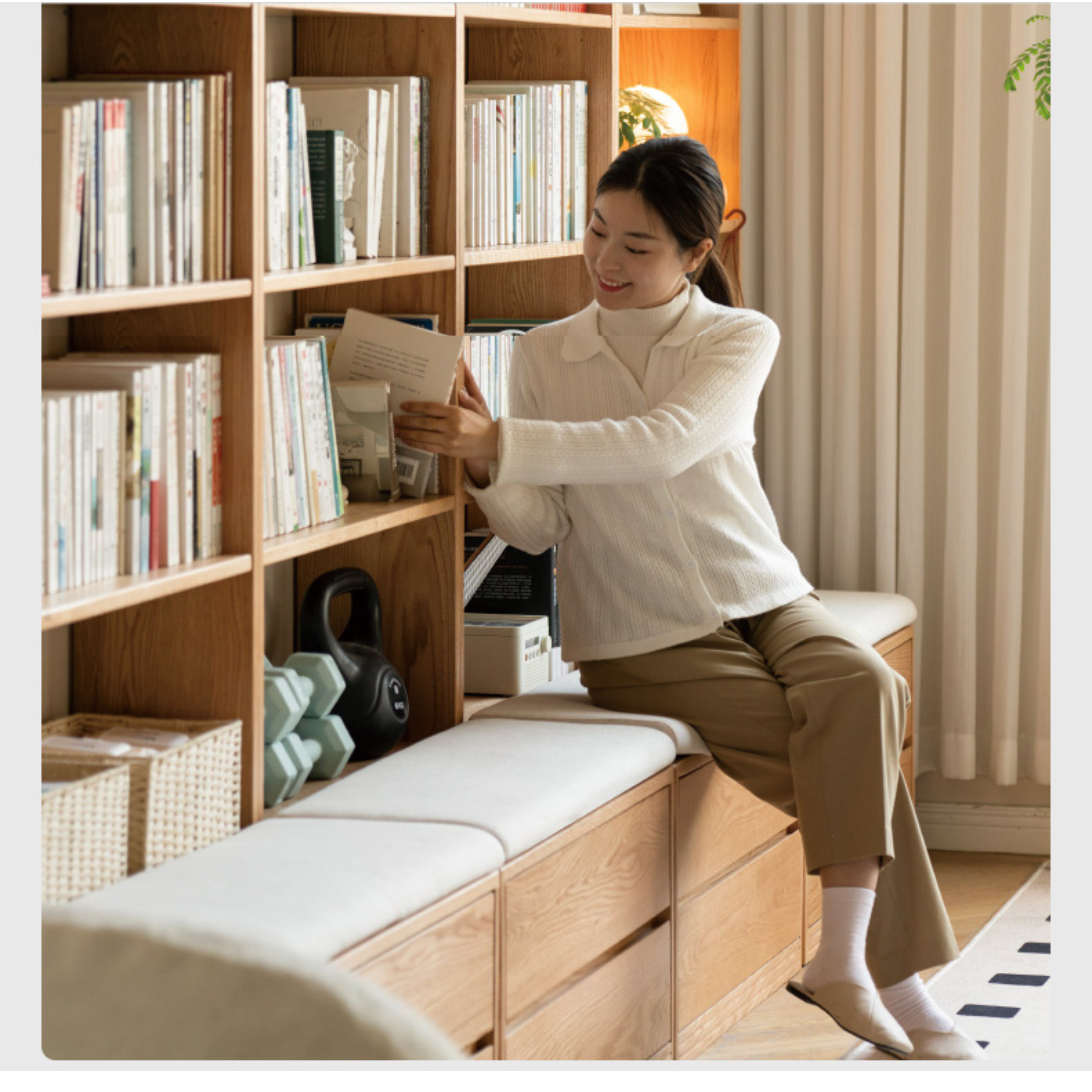 Oak, Ash Solid Wood Wall-To-Wall With Seat Combined Bookshelf