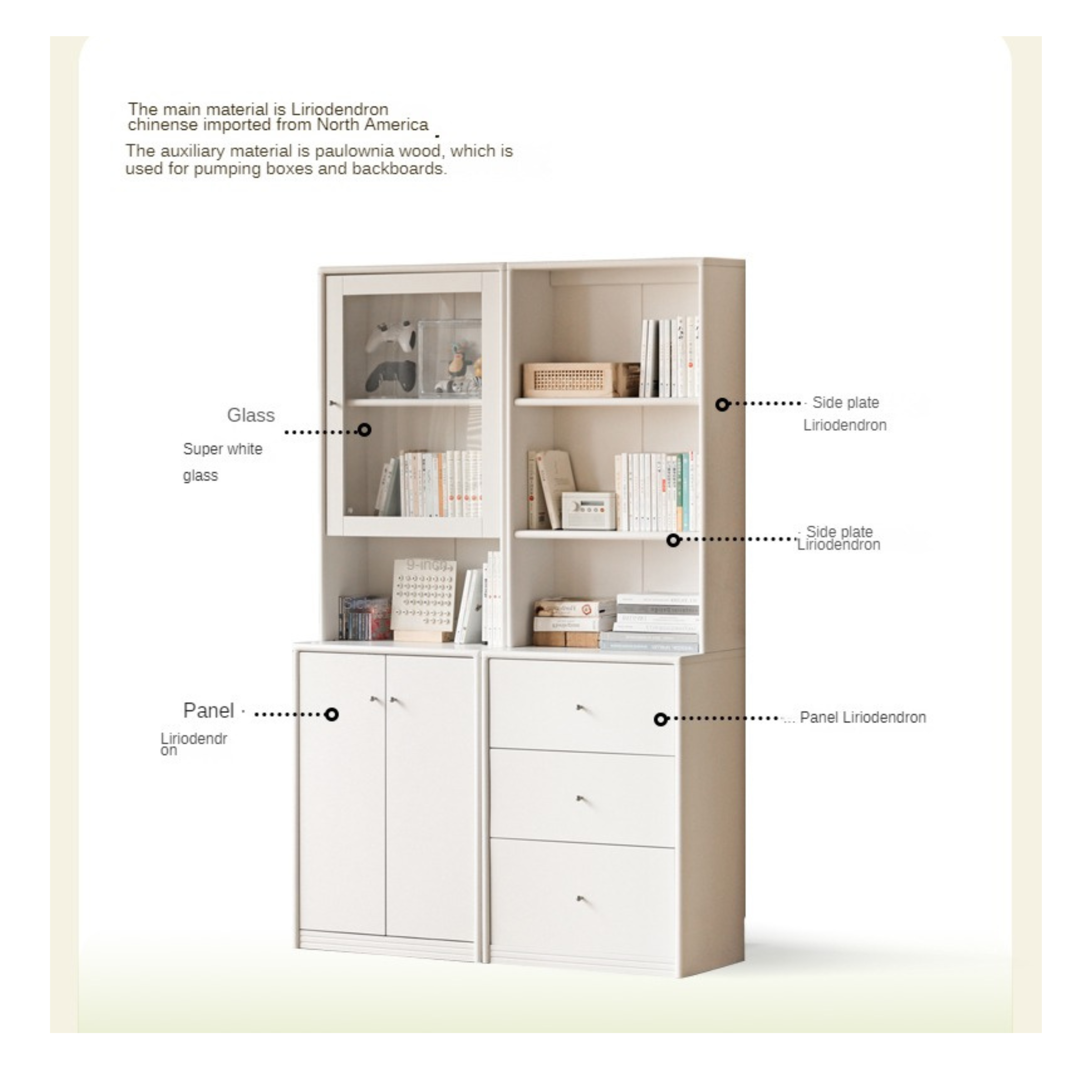 Poplar Solid Wooden Bookcase Cream White Free Combination Glass Door Display Cabinet
