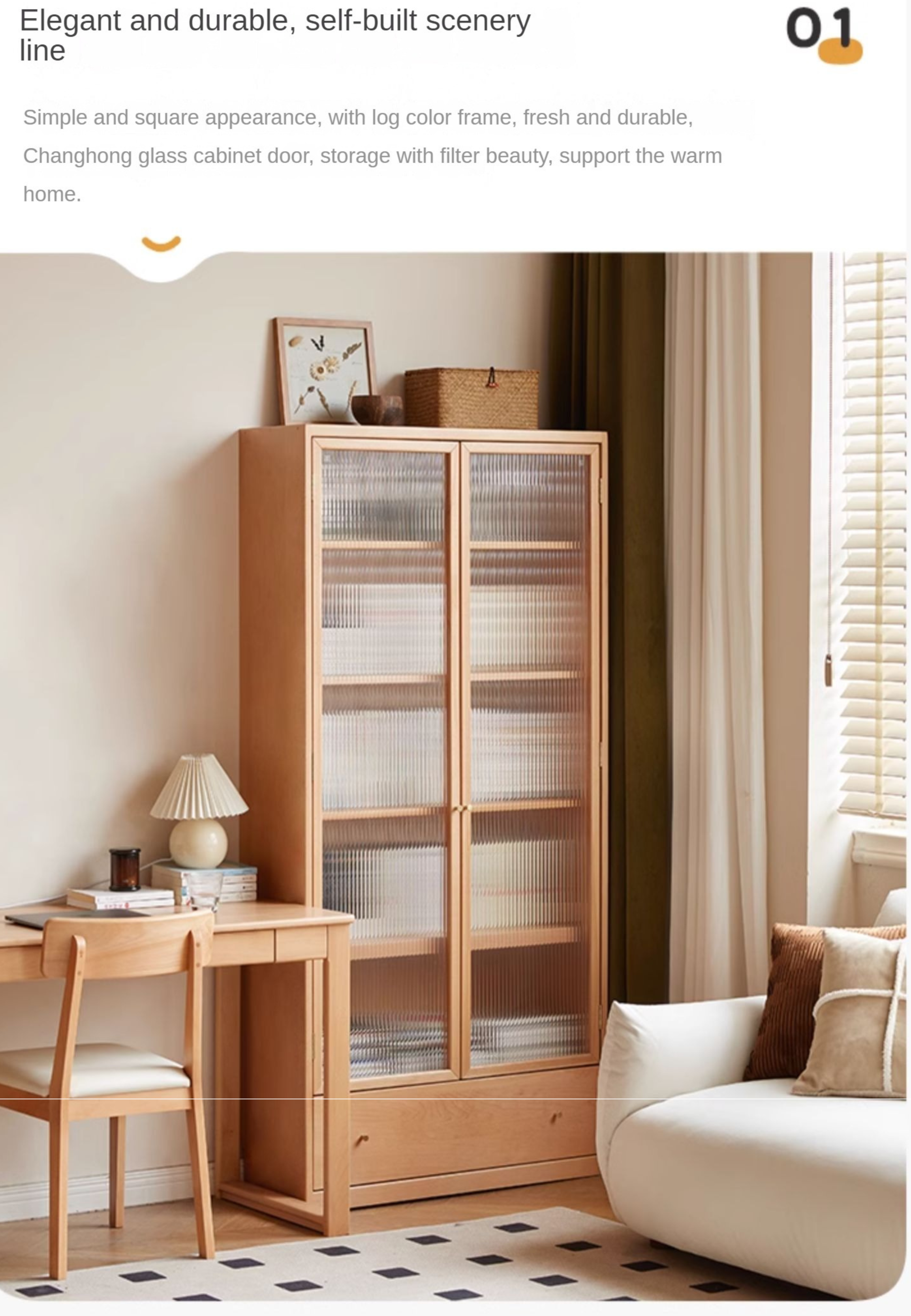 Beech European Solid Wood Bookshelf, Glass Door Storage Display Cabinet