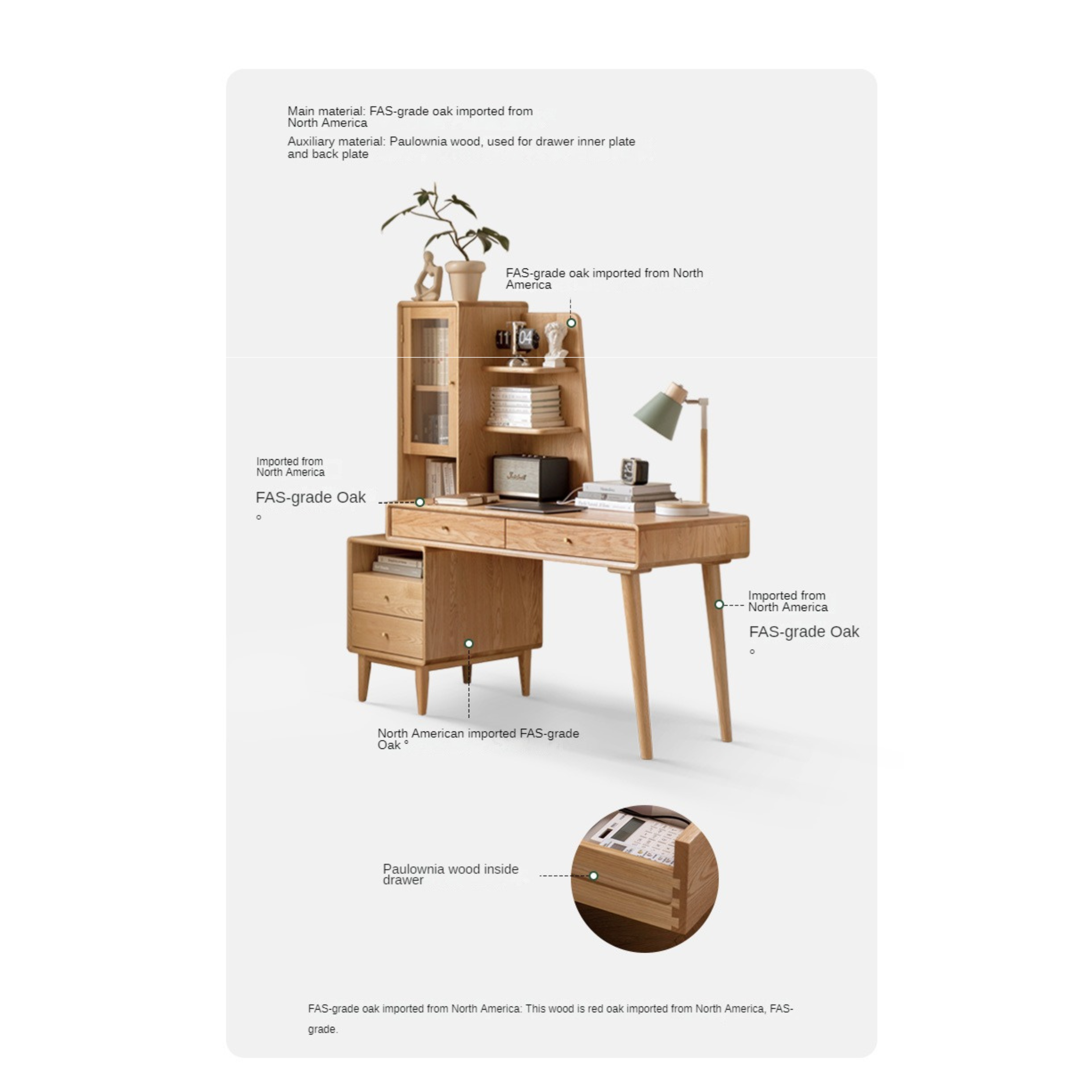 Oak Solid Wood Bookshelf and Office Desk Combination