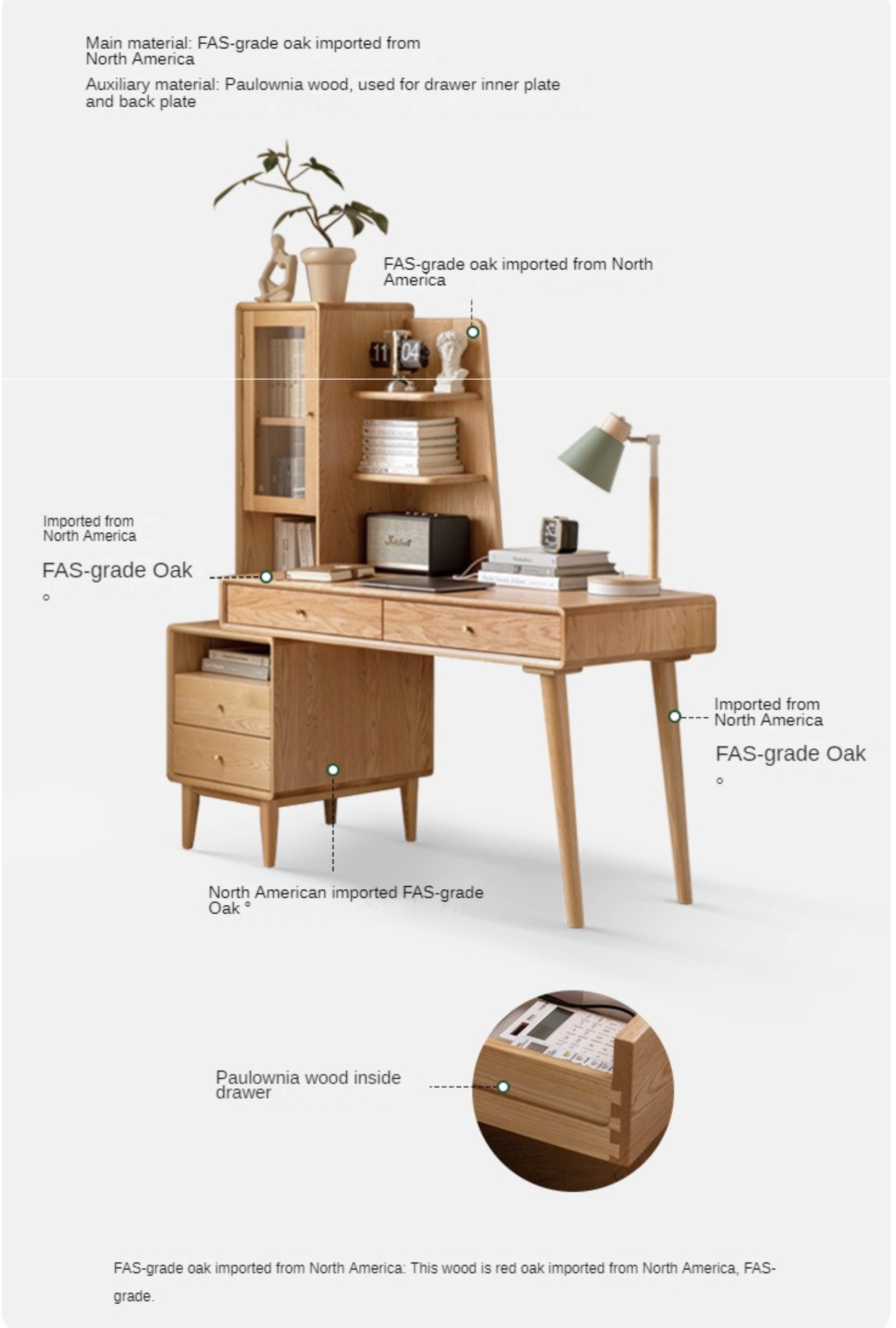 Oak Solid Wood Office Desk Combination