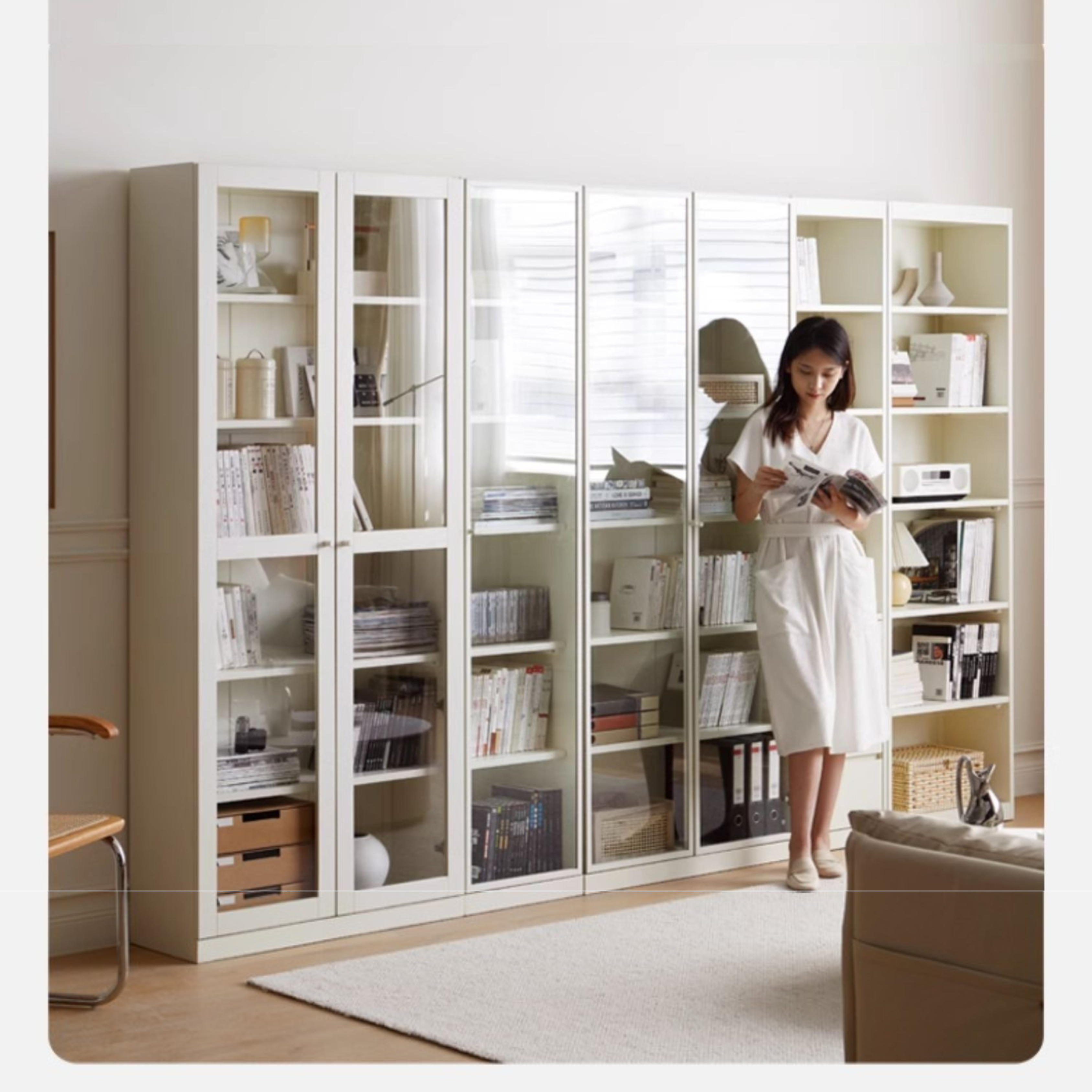 Poplar Solid Wood Combination Bookshelf Wall-To-Ceiling Bookcase Glass Door Display Cabinet Cream Style<