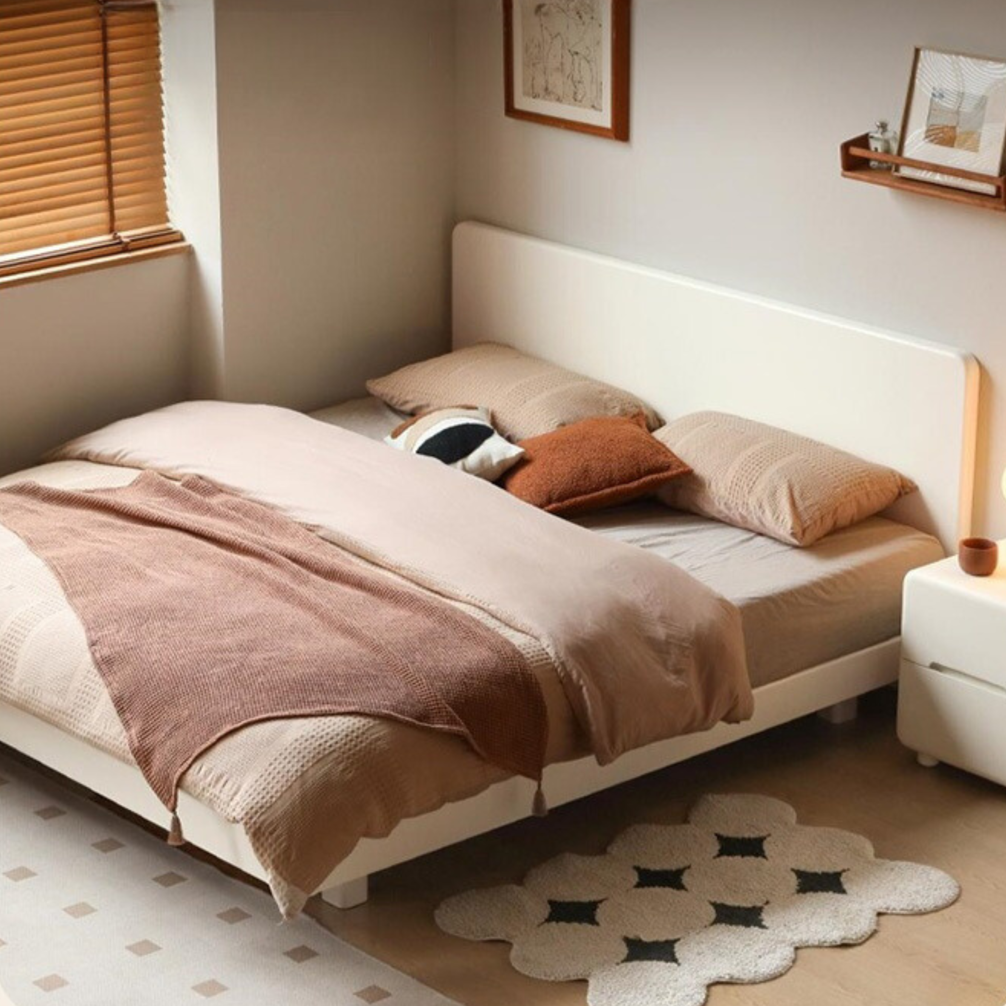 Poplar, Rubberwood Solid Wood Bed Modern Simple Cream Style