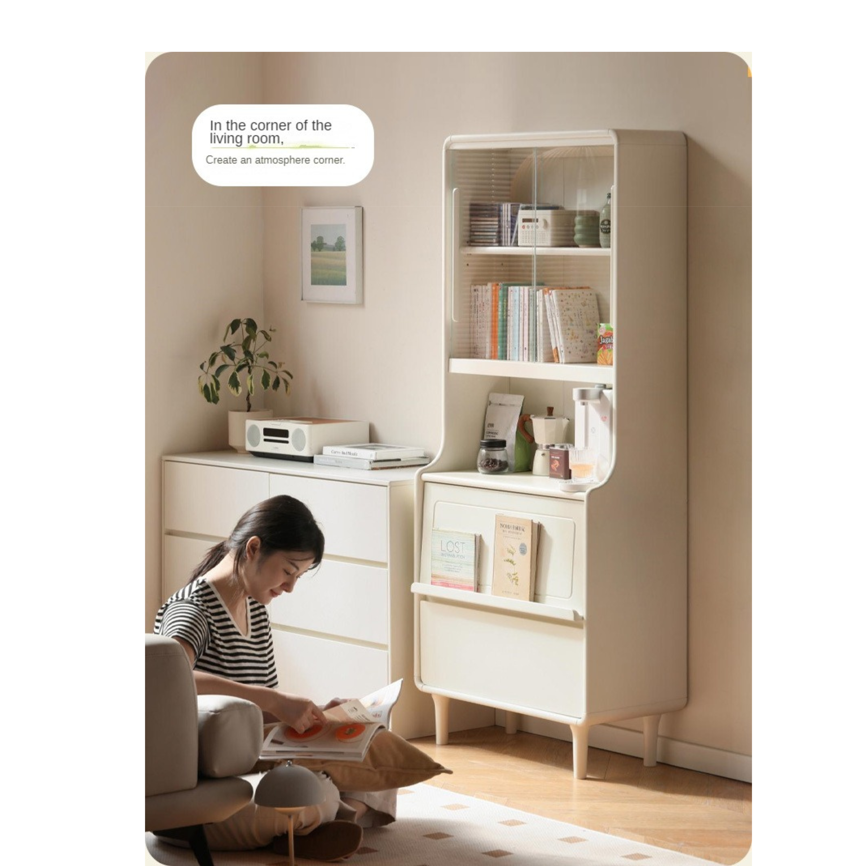 Rubber Solid Wood Bookcase Cream Storage Cabinet Display