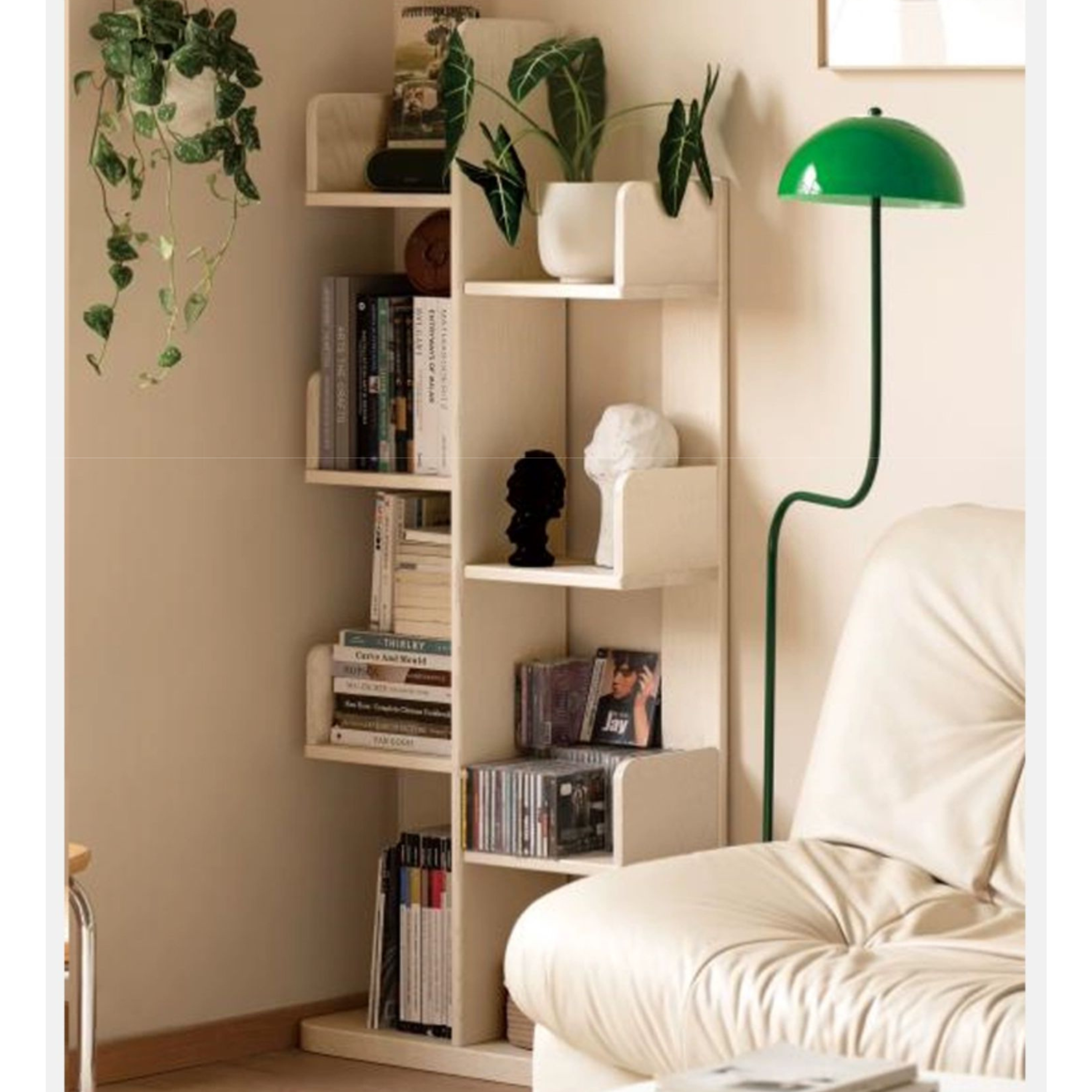 Oak Solid Wood Floor to Floor Cream Cactus Shelf Corner Bookcase Display<