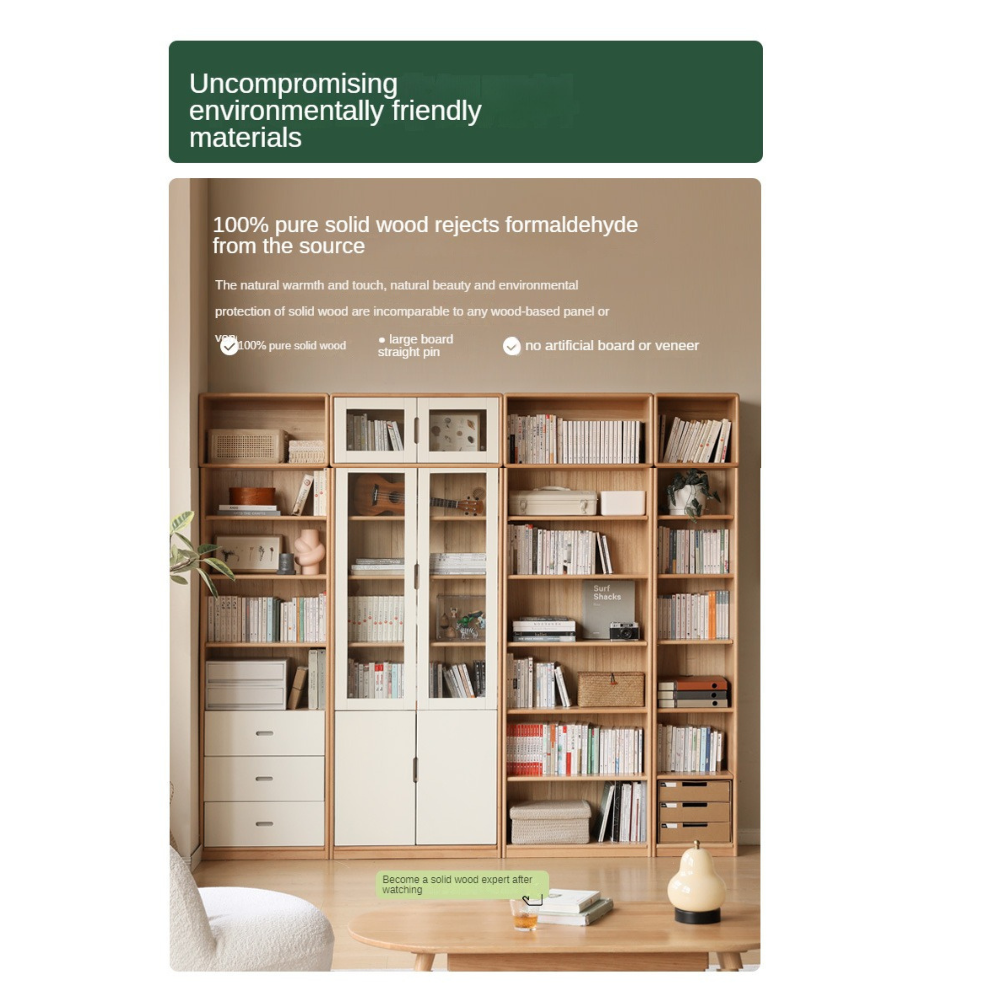 European Beech, Oak Solid Wood Floor-Standing Bookshelf with Glass Door Display