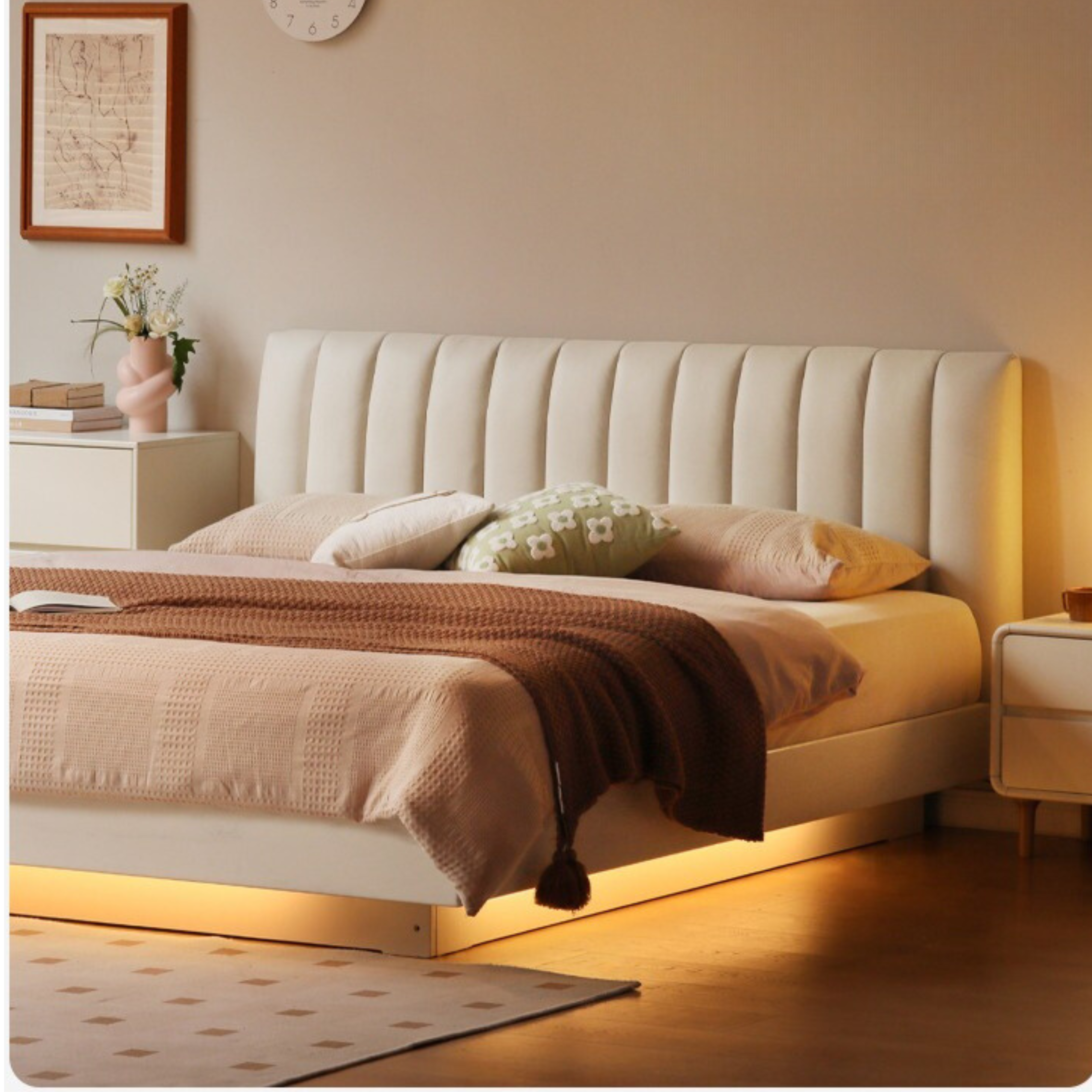 Oak, Rubber Wood Solid Wood Cream Technical Fabric Suspended Box Storage Bed
