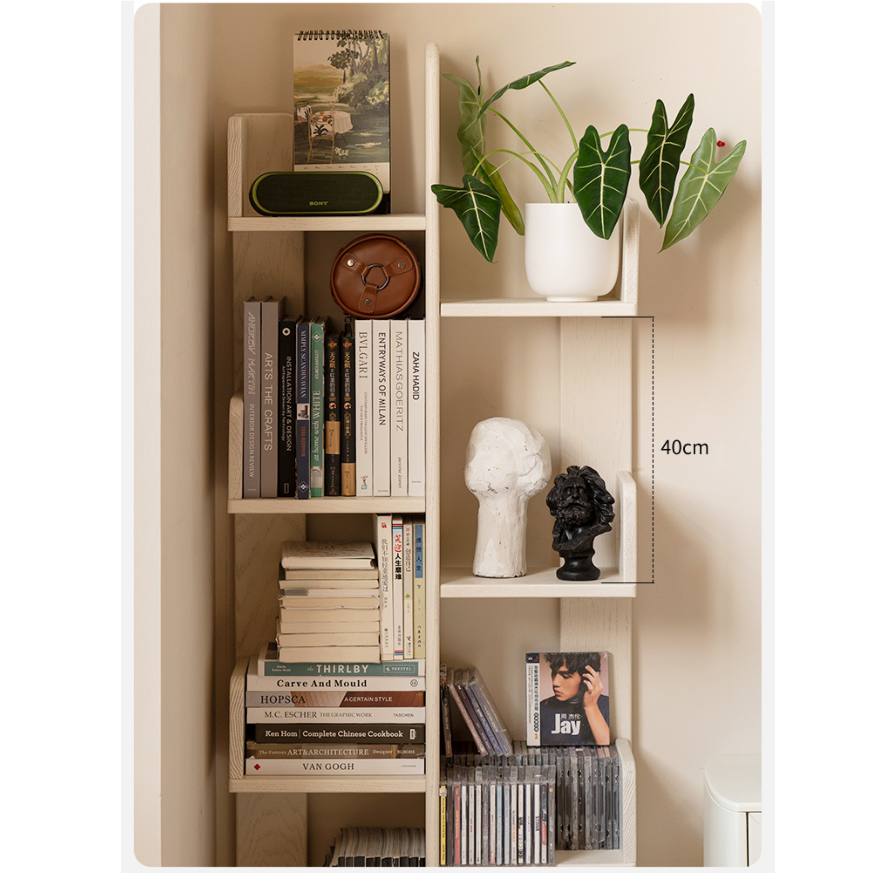 Oak Solid Wood Floor to Floor Cream Cactus Shelf Corner Bookcase Display<