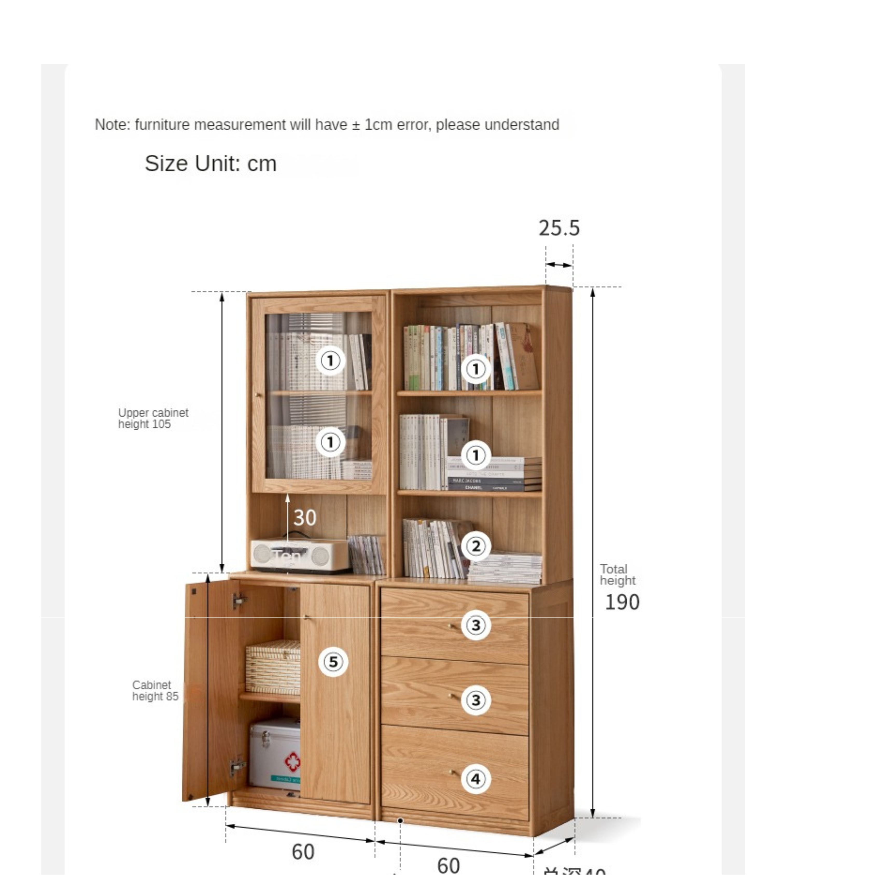 Oak Solid Wood Floor-To-Ceiling Combination Bookshelf, Glass Bookcase