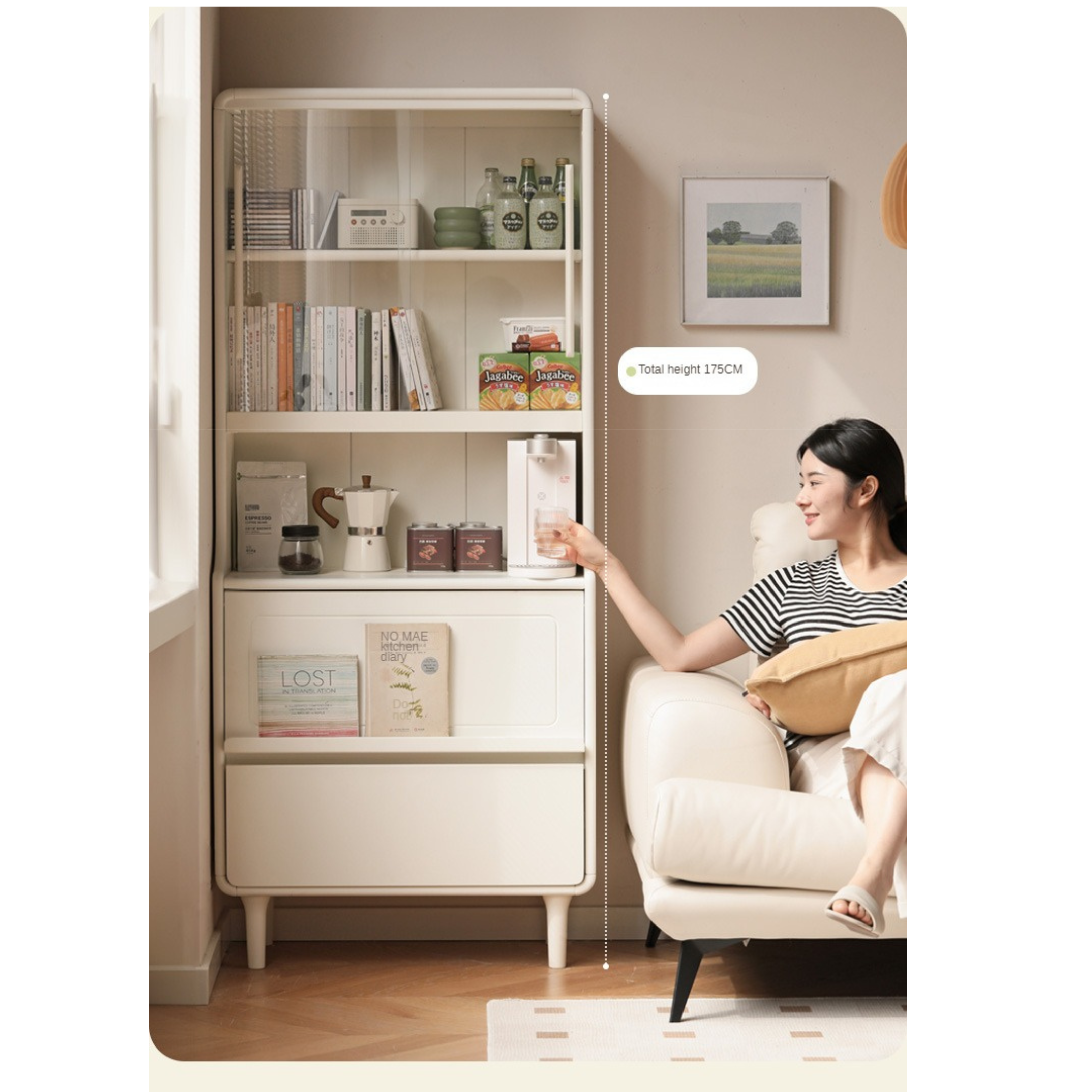Rubber Solid Wood Bookcase Cream Storage Cabinet Display