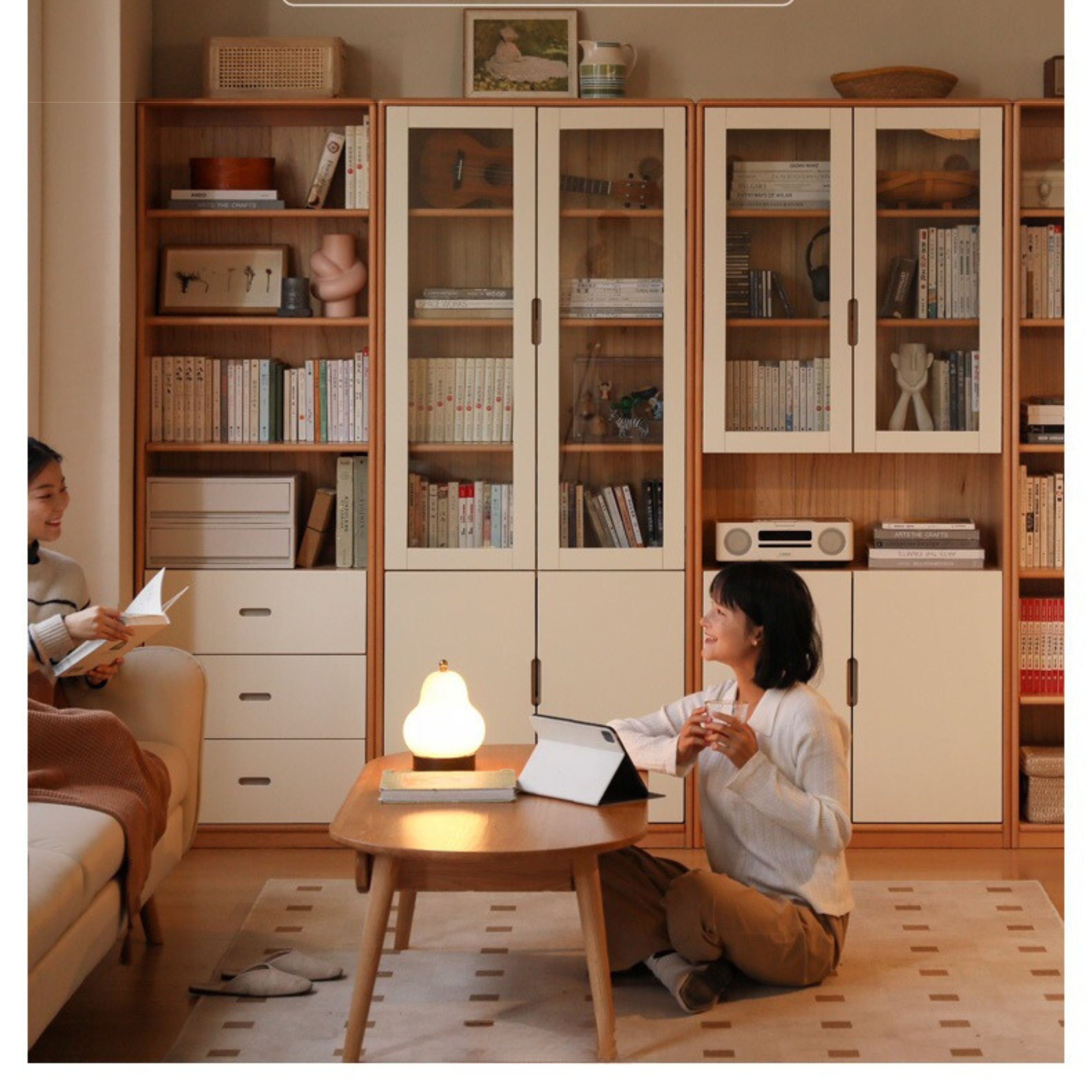 European Beech, Oak Solid Wood Floor-Standing Bookshelf with Glass Door Display