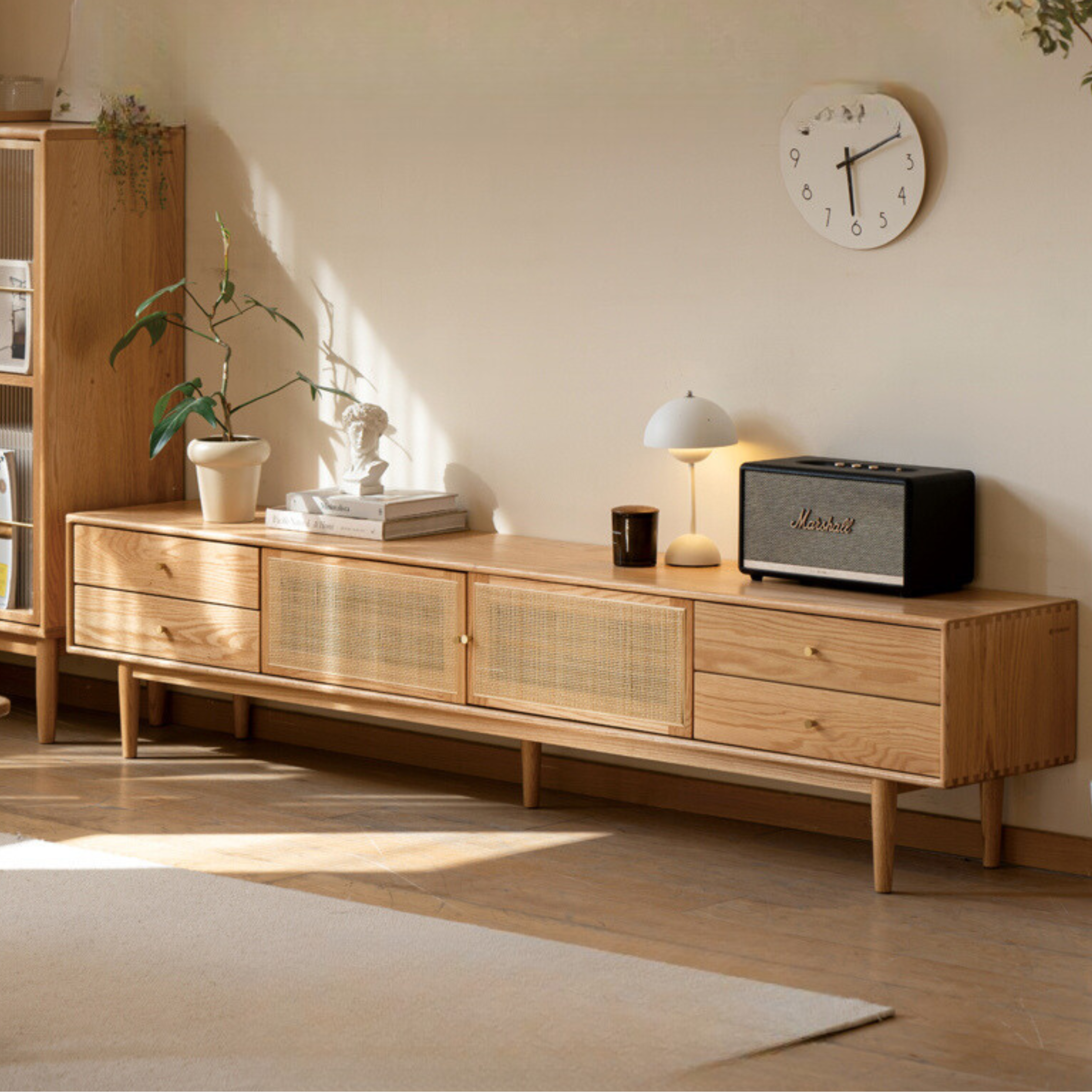 Oak Solid Wood Rattan TV Cabinet