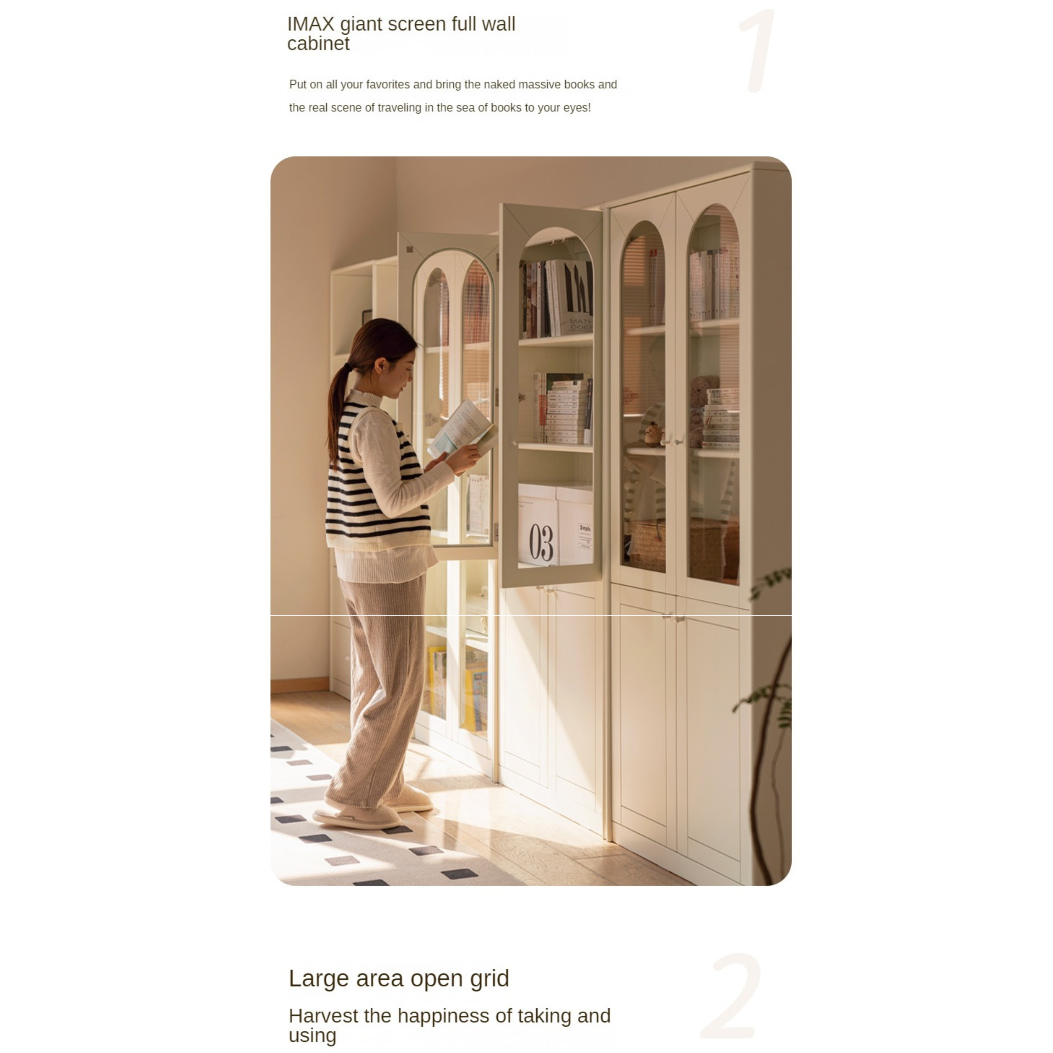 Poplar Solid Wood Bookcase White With Glass Door Whole Wall Combination French Cream Style
