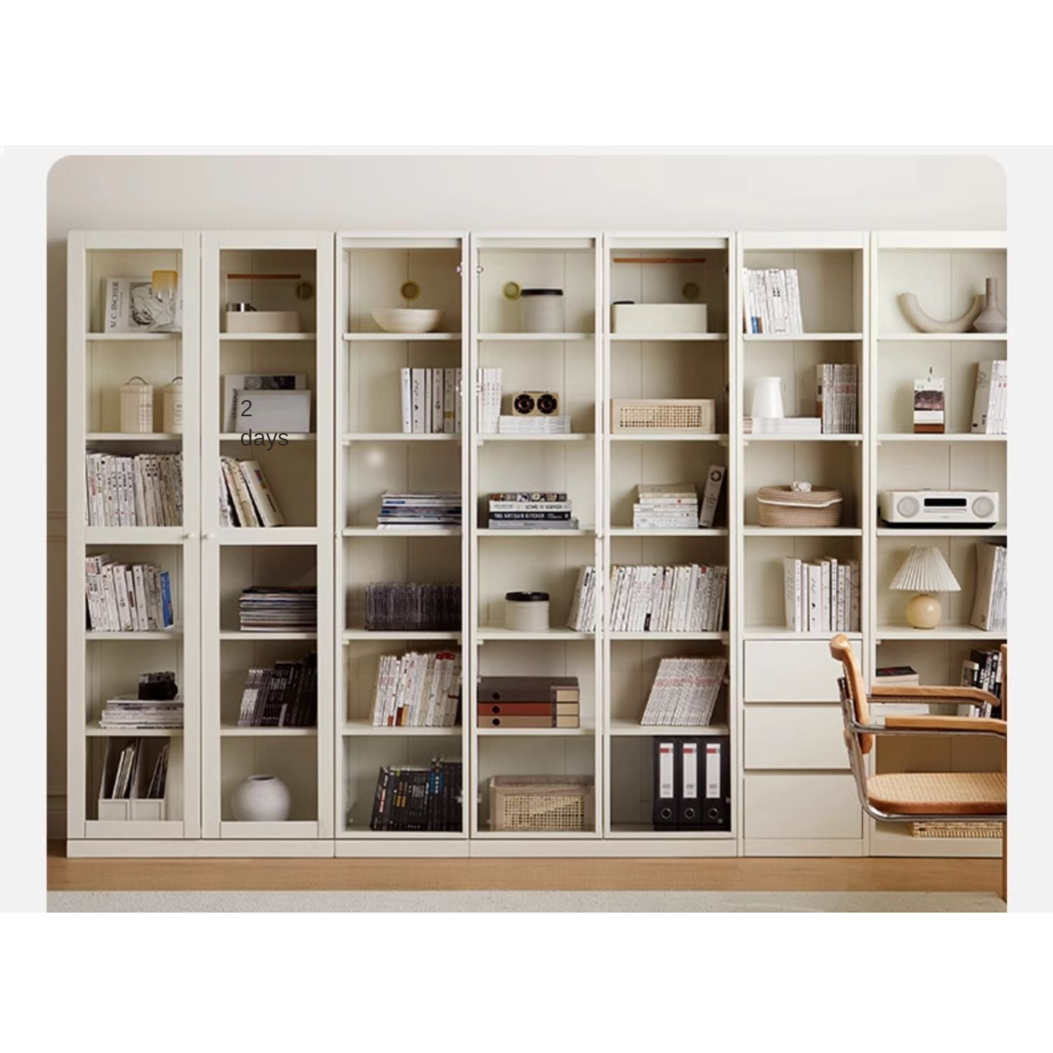 Poplar Solid Wood Combination Bookshelf Wall-To-Ceiling Bookcase Glass Door Display Cabinet Cream Style<