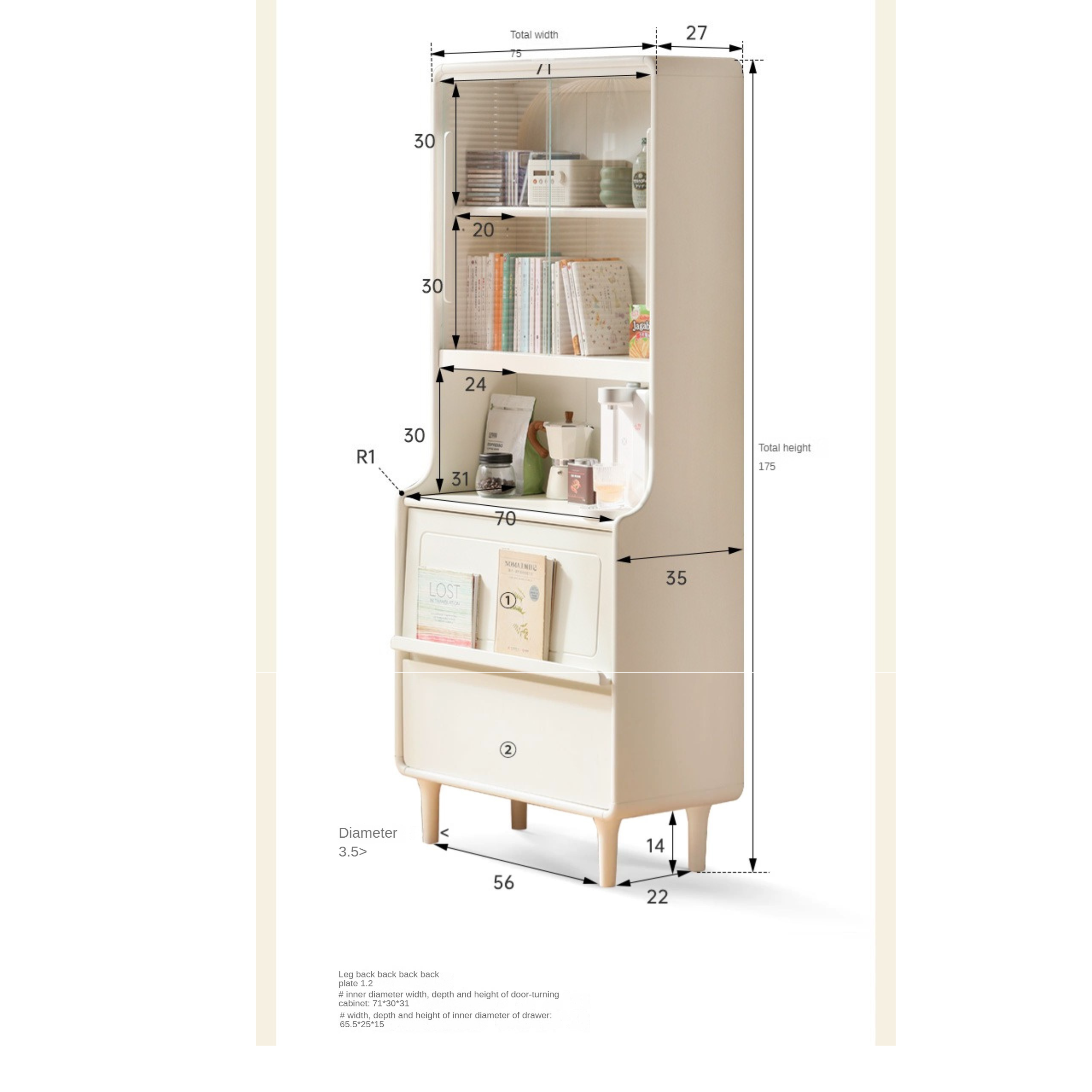 Rubber Solid Wood Bookcase Cream Storage Cabinet Display