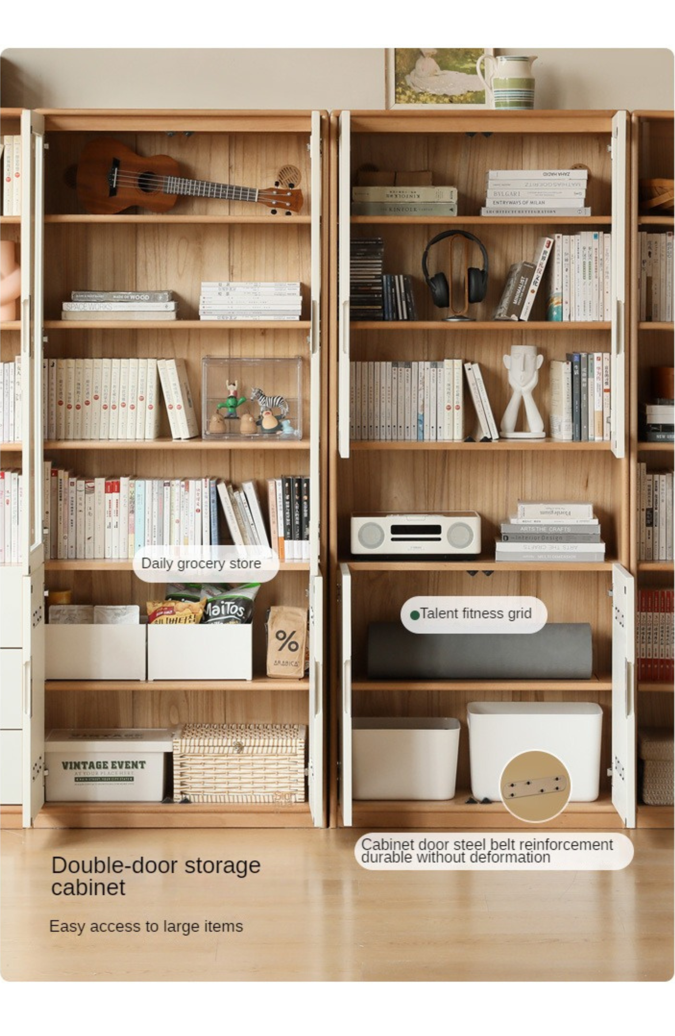 European Beech, Oak Solid Wood Floor-Standing Bookshelf with Glass Door Display