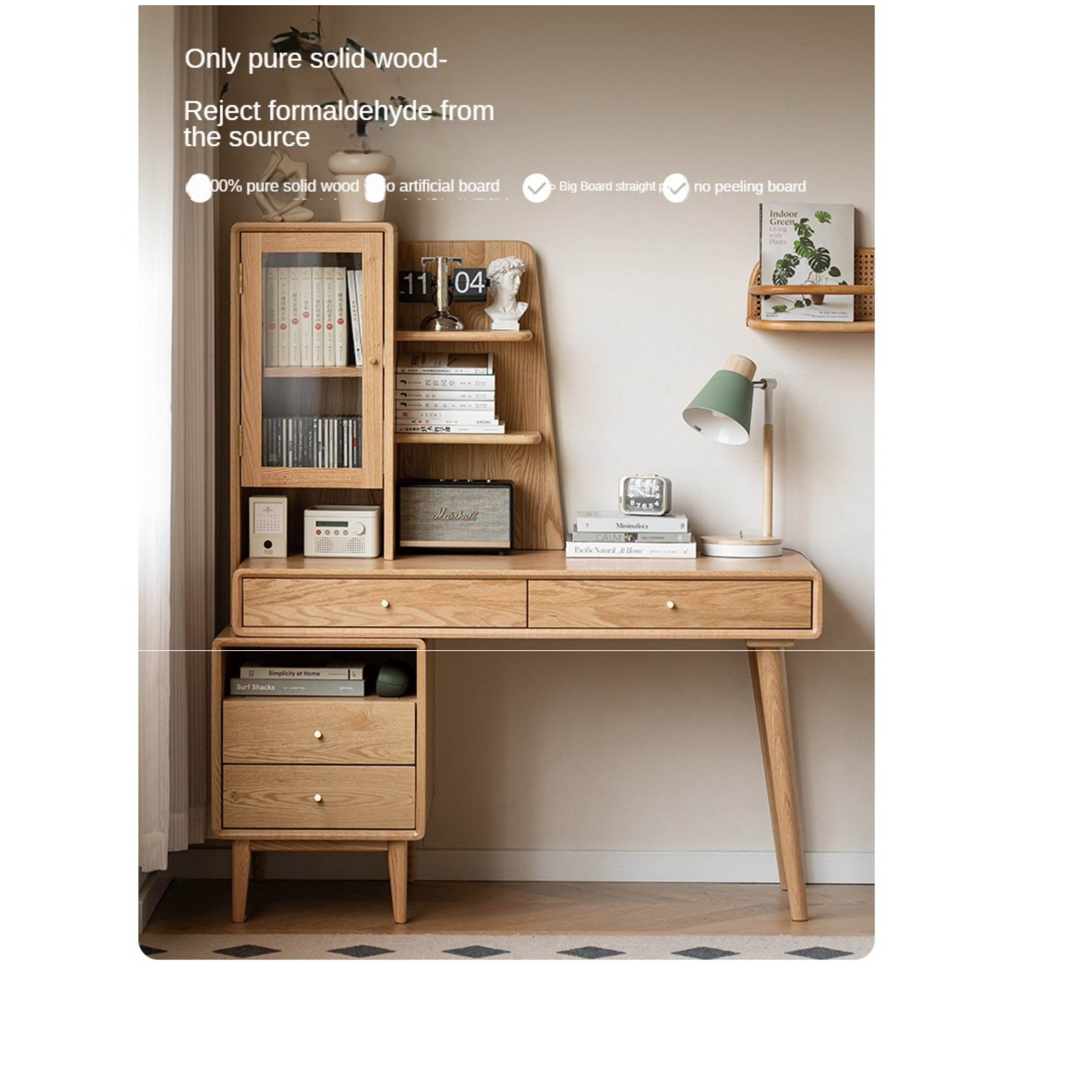 Oak Solid Wood Bookshelf and Office Desk Combination