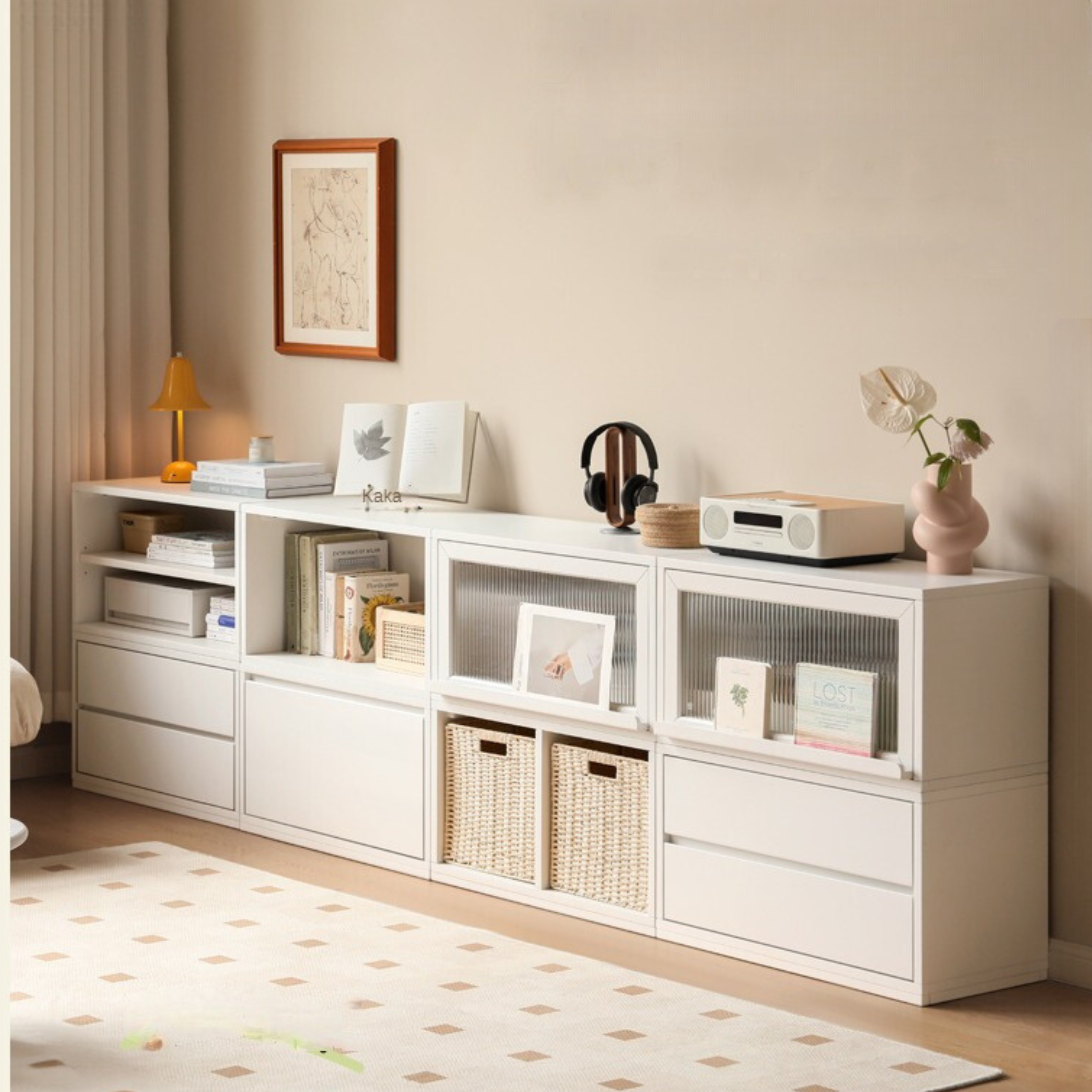 Poplar Solid Wood TV Cabinet Floor Cabinet Cream Style
