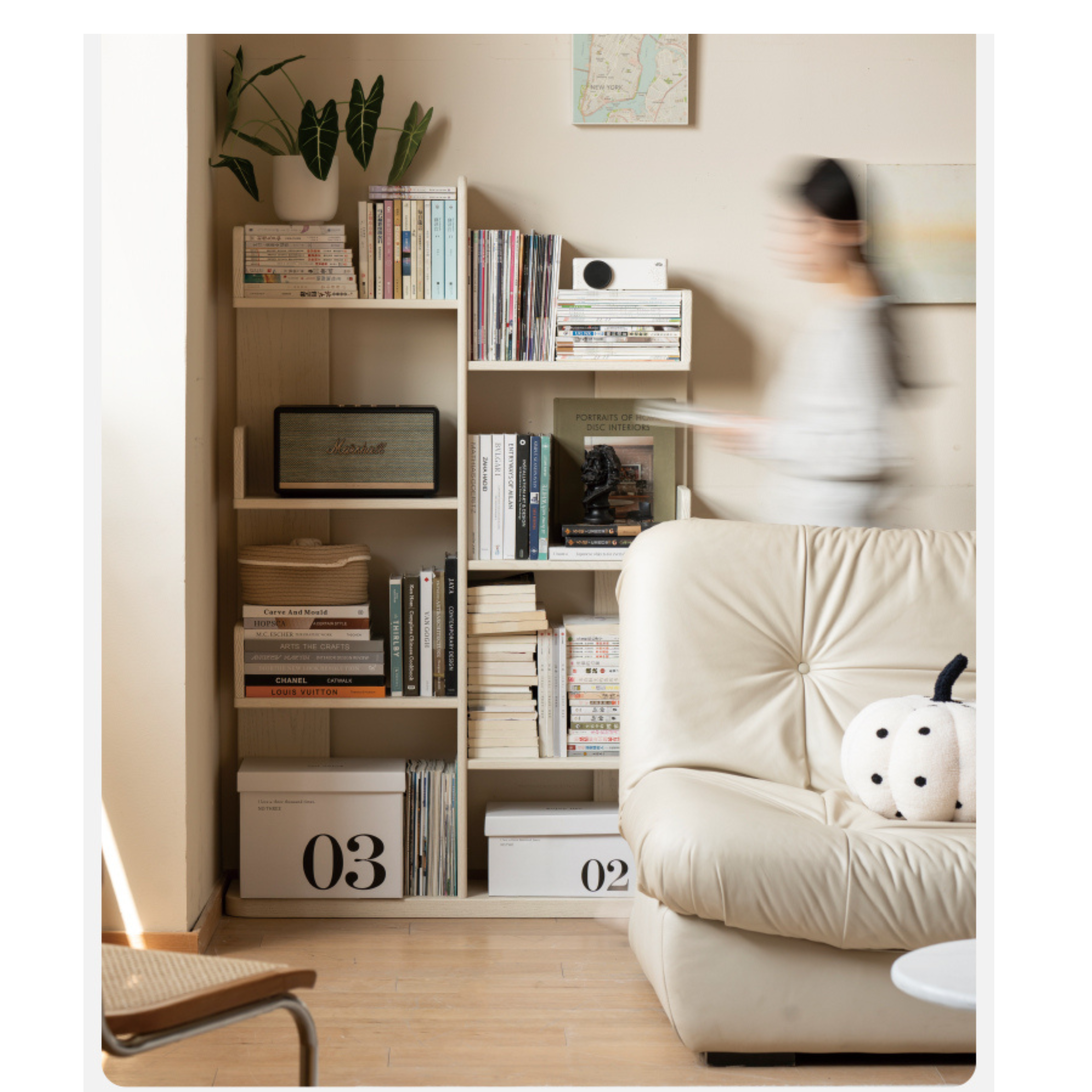 Oak Solid Wood Floor to Floor Cream Cactus Shelf Corner Bookcase Display<