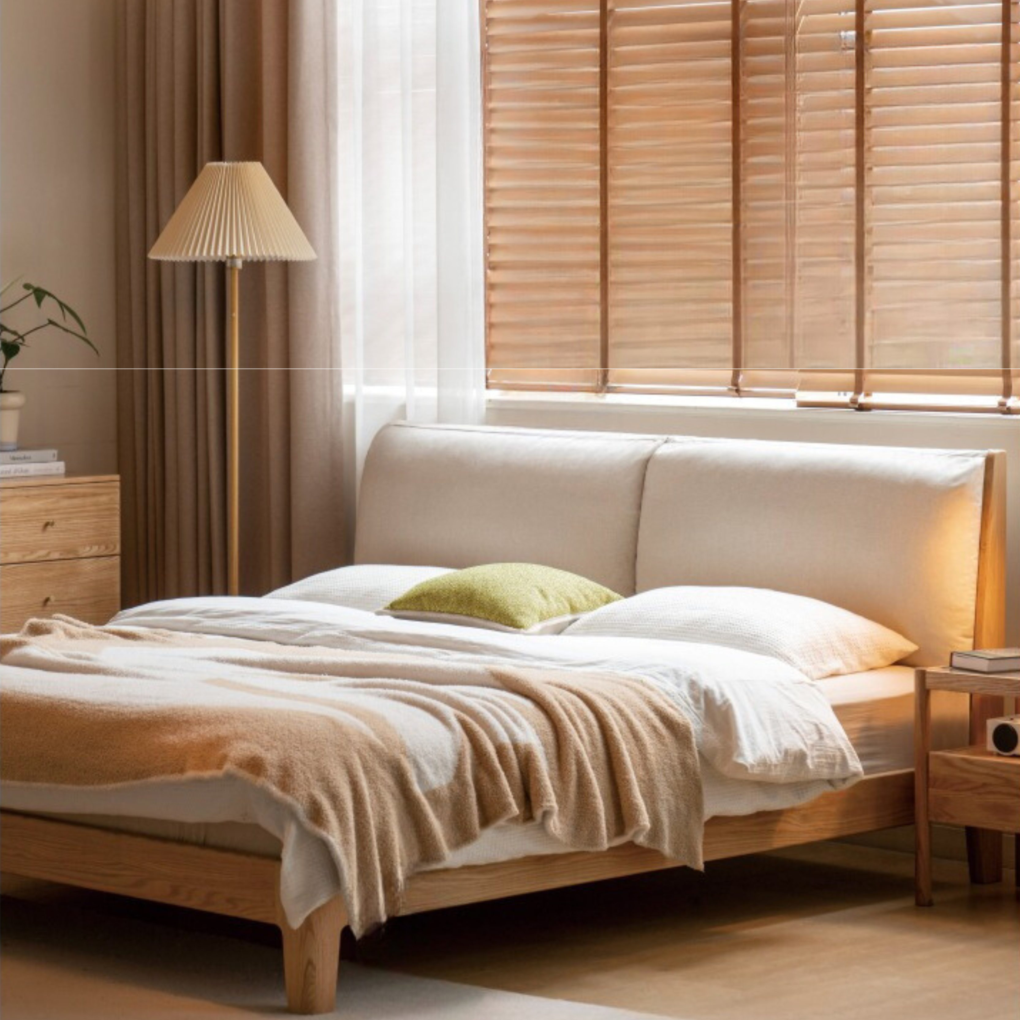 Beech, Oak, Black Walnut Solid Wood Fabric Soft Bed