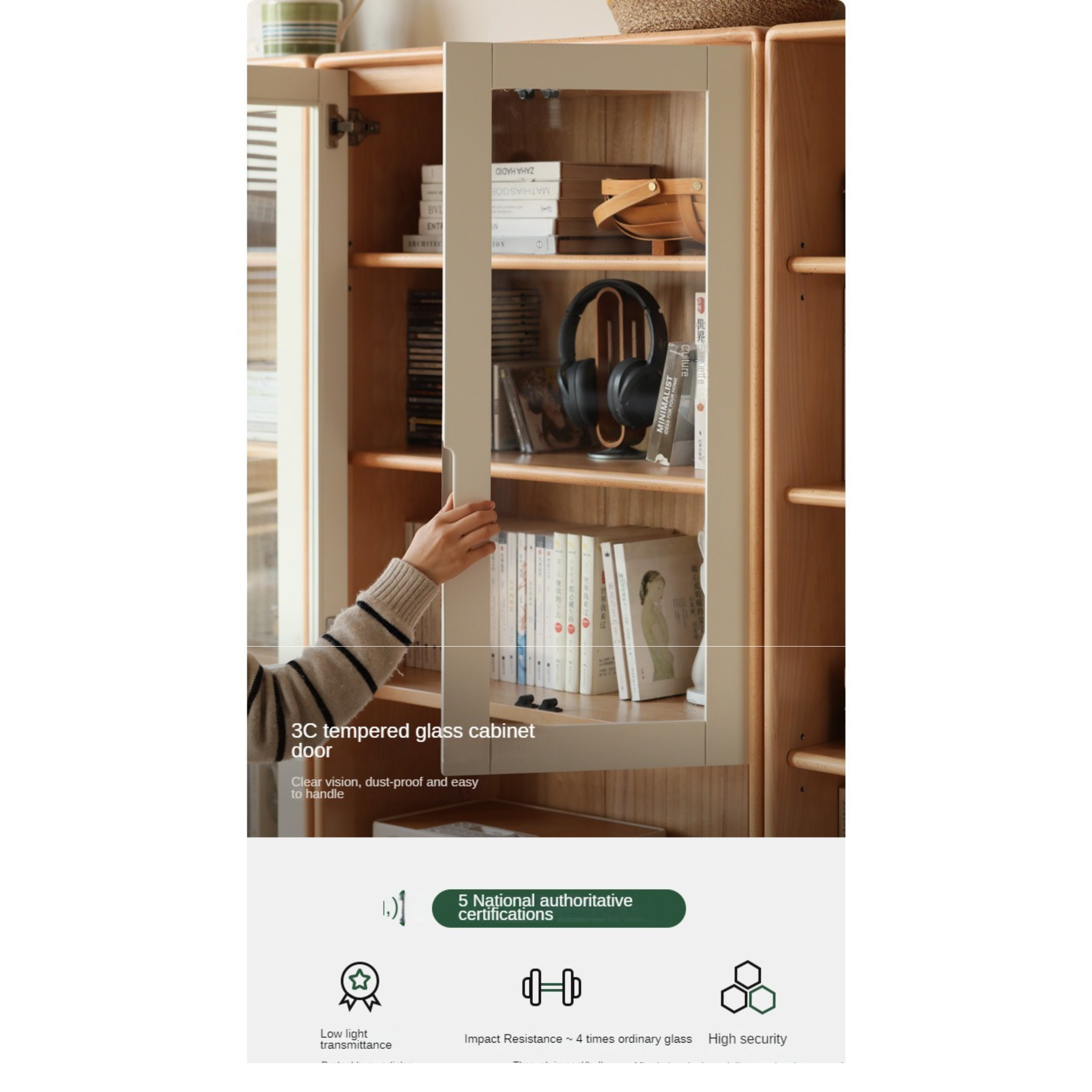 European Beech, Oak Solid Wood Floor-Standing Bookshelf with Glass Door Display