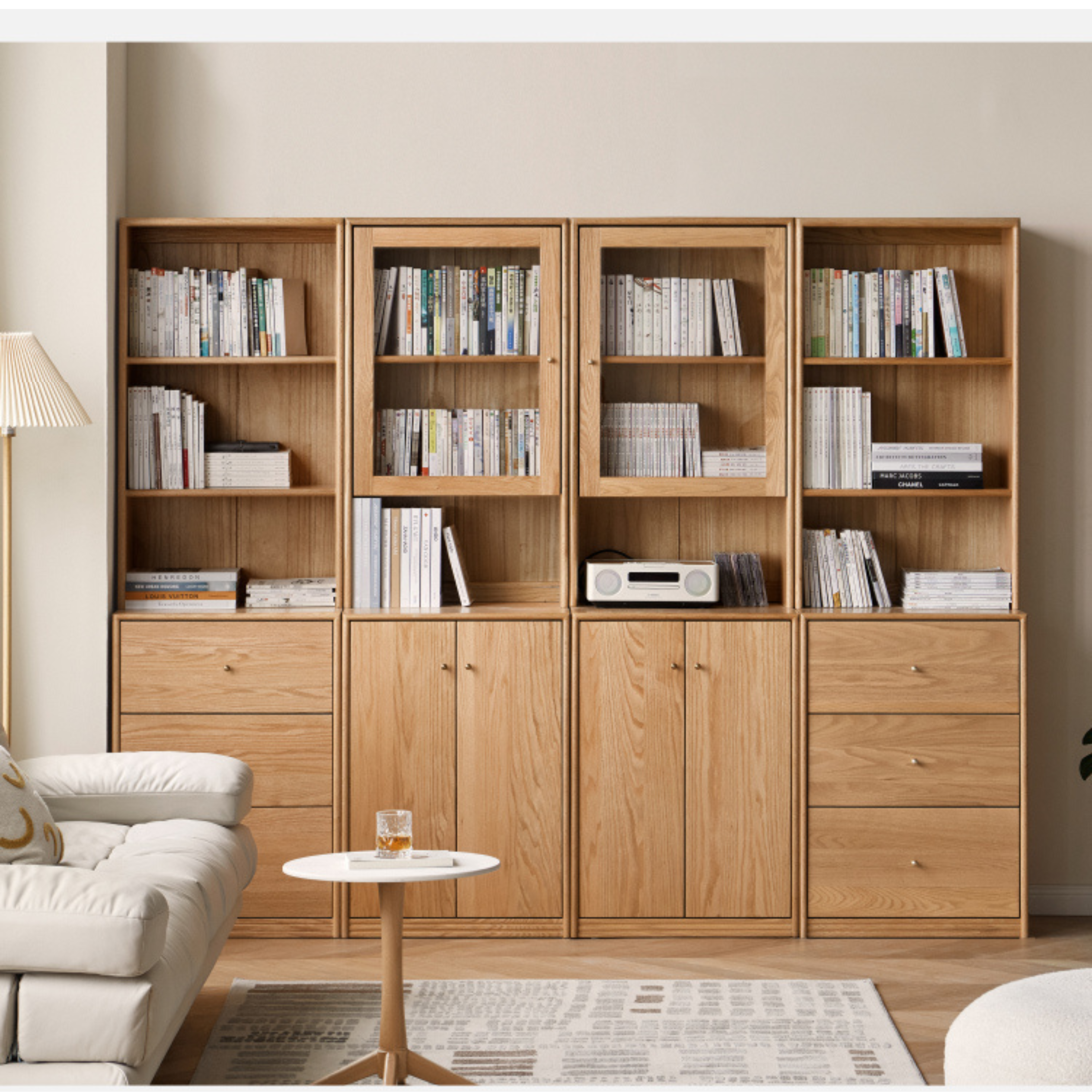 Oak Solid Wood Floor-To-Ceiling Combination Bookshelf, Glass Bookcase