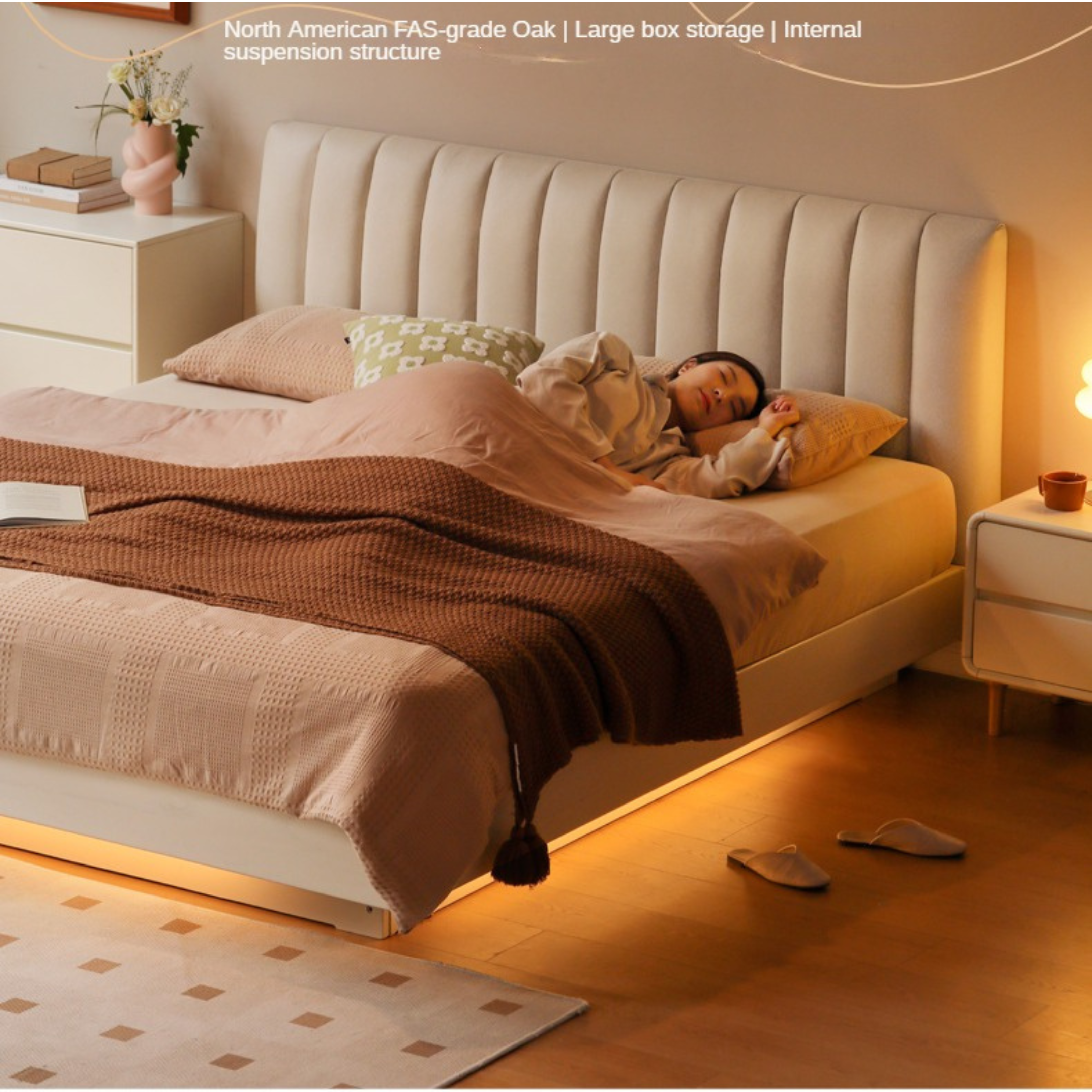 Oak, Rubber Wood Solid Wood Cream Technical Fabric Suspended Box Storage Bed