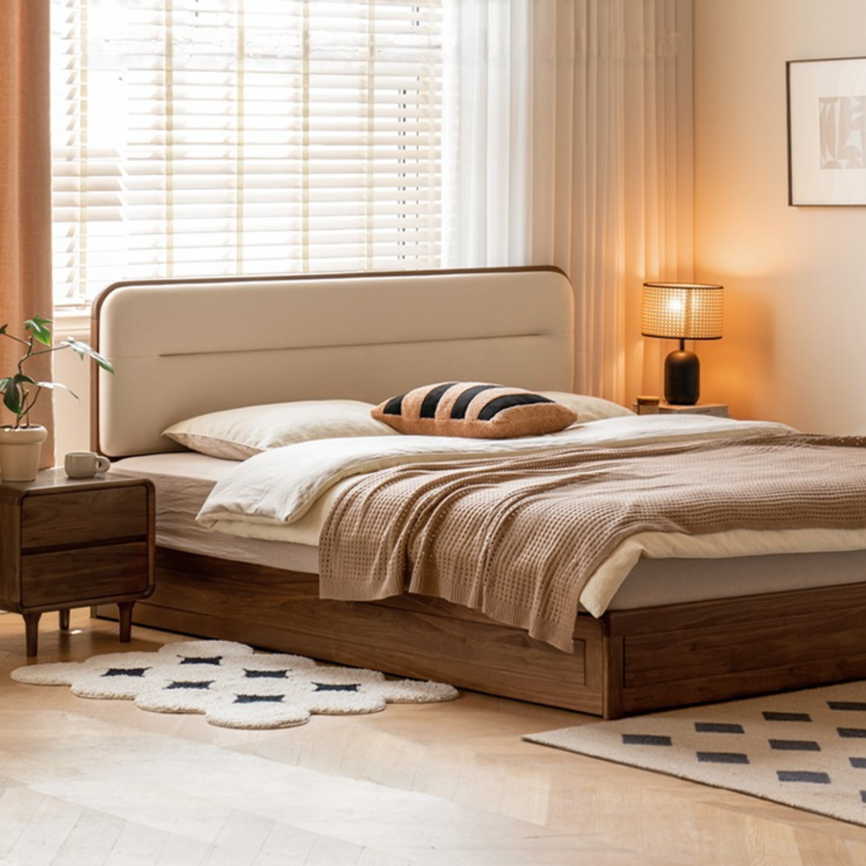 Black walnut solid wood storage box bed technology cloth soft back