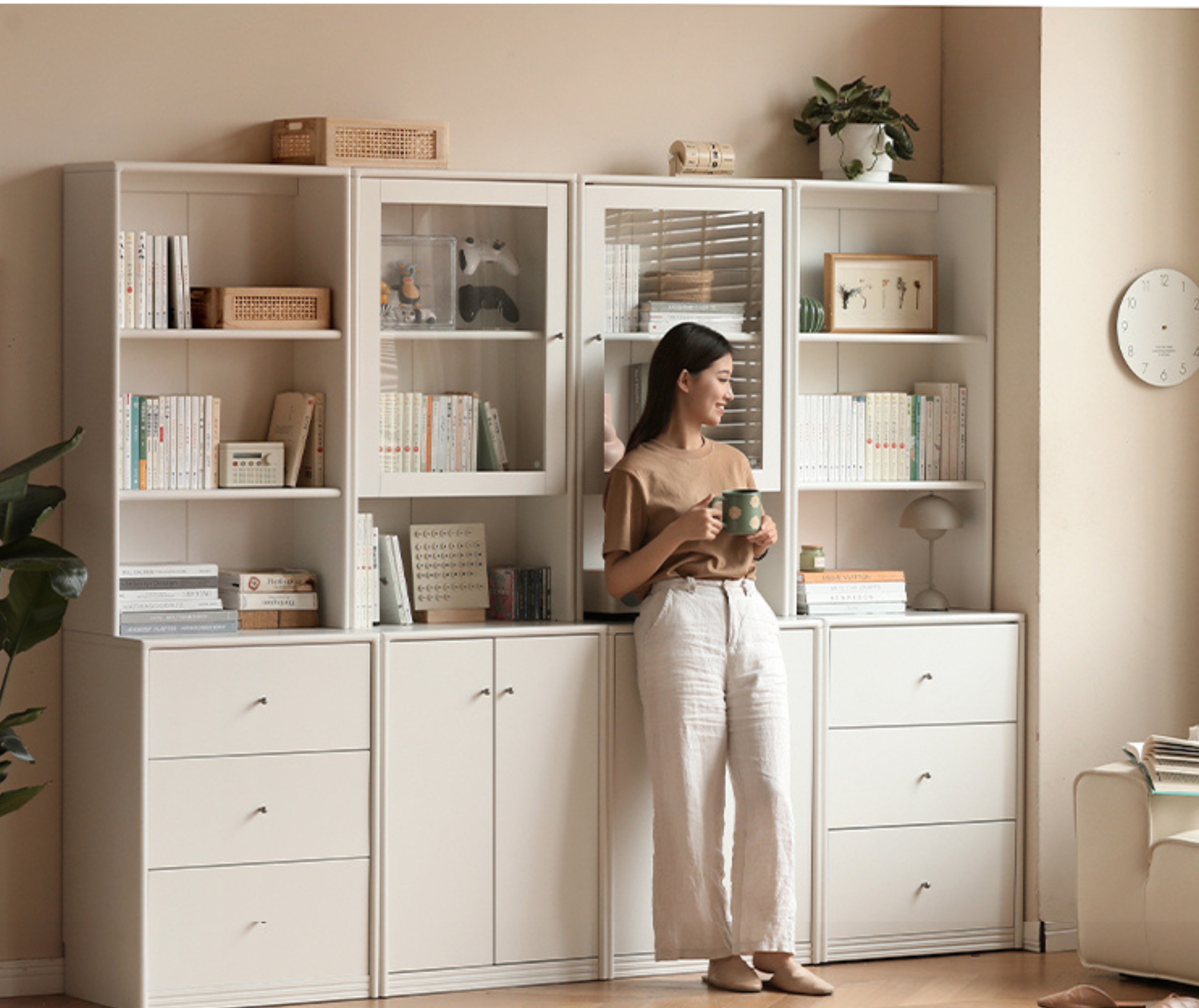 Poplar Solid Wooden Bookcase Cream White Free Combination Glass Door Display Cabinet