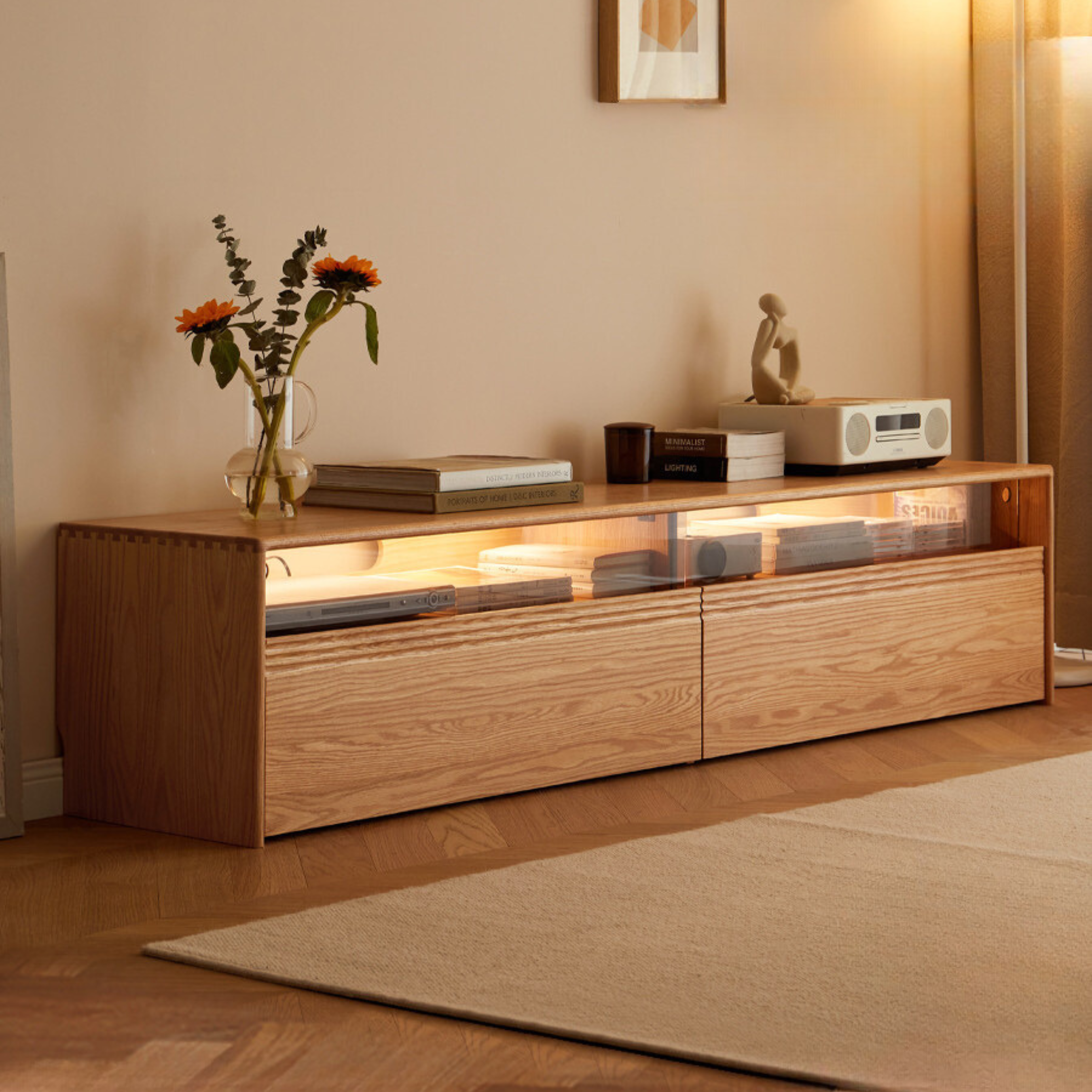 Oak, Cherry Wood, Black Walnut, TV Stand Floor Cabinet